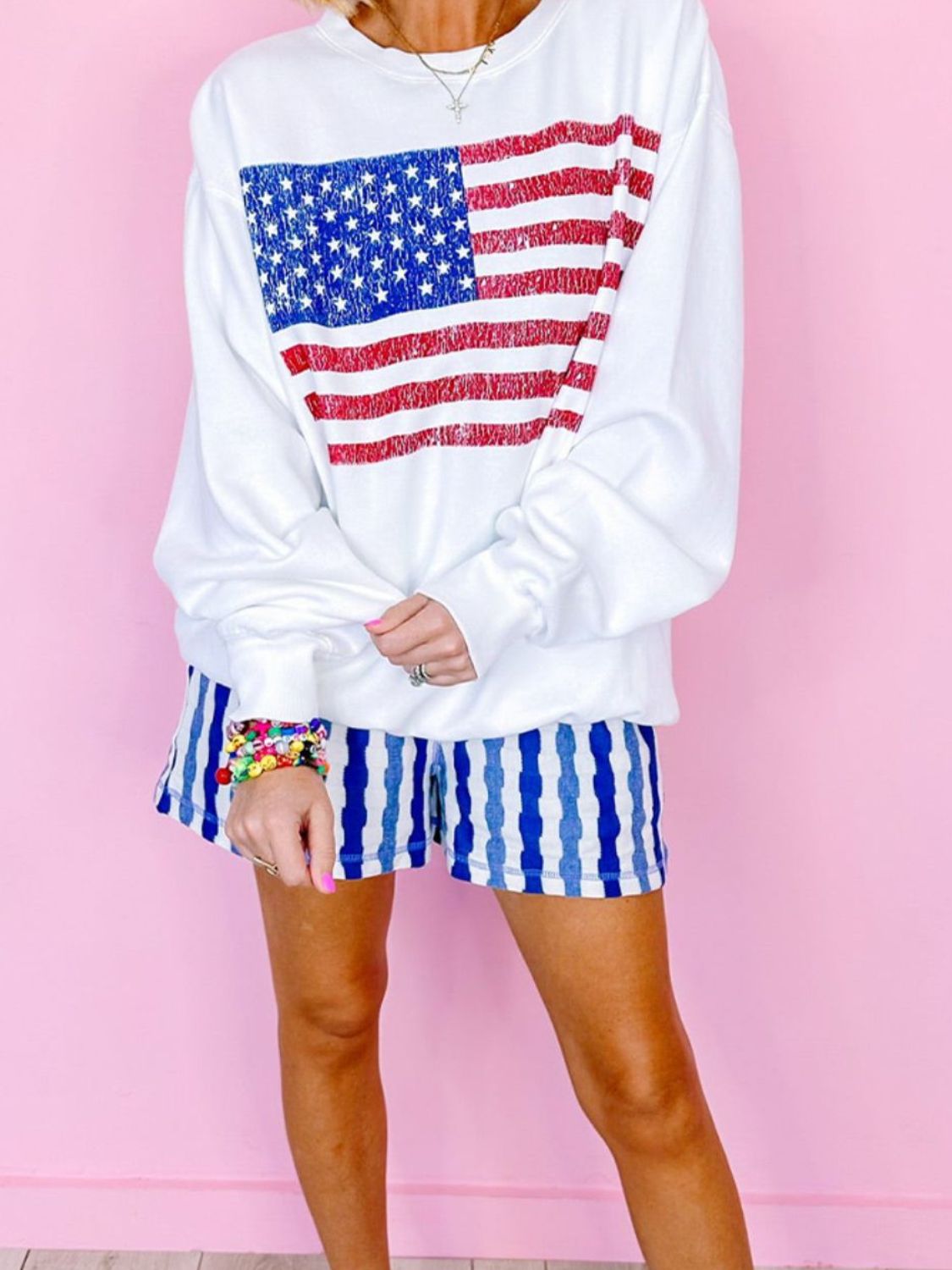 US Flag Round Neck Long Sleeve Sweatshirt-TOPS / DRESSES-[Adult]-[Female]-2022 Online Blue Zone Planet