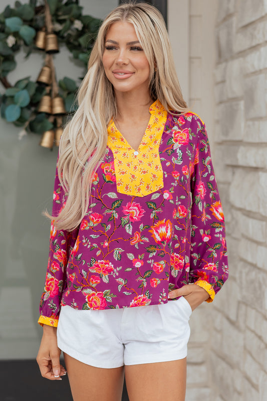 Rose Contrast Placket Split V Neck Floral Blouse-Tops/Blouses & Shirts-[Adult]-[Female]-2022 Online Blue Zone Planet