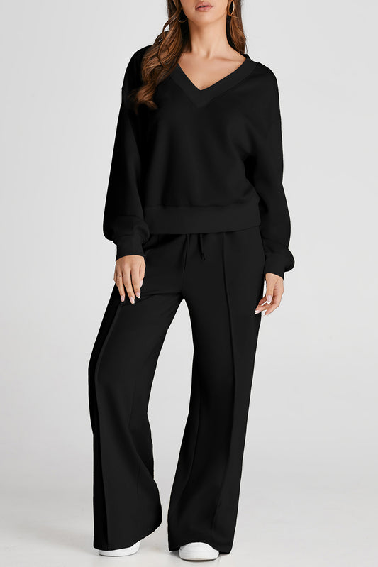 V-Neck Long Sleeve Top and Pants Active Set-TOPS / DRESSES-[Adult]-[Female]-Black-S-2022 Online Blue Zone Planet