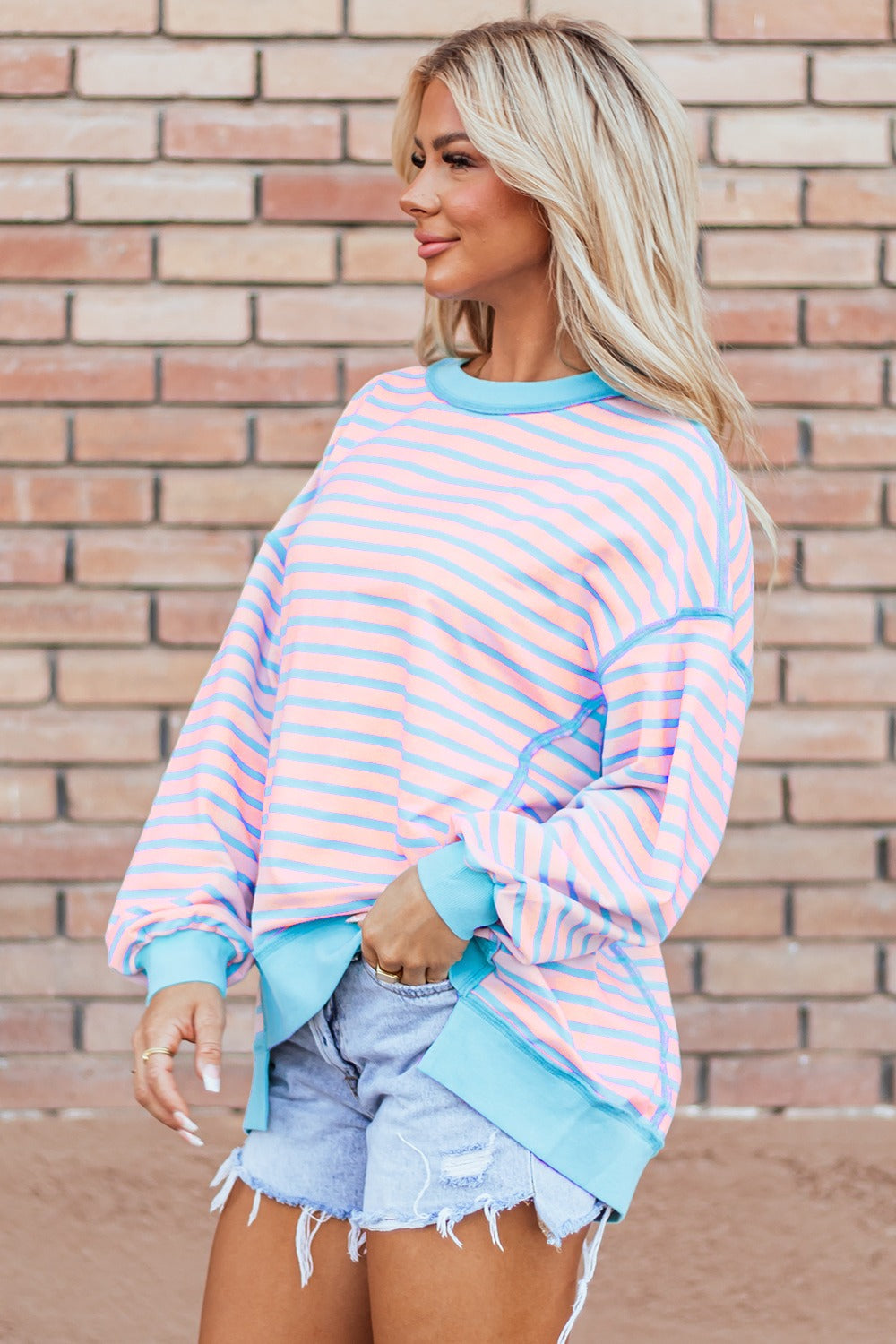 Blue Zone Planet | High-Low Striped Long Sleeve Sweatshirt-TOPS / DRESSES-[Adult]-[Female]-2022 Online Blue Zone Planet