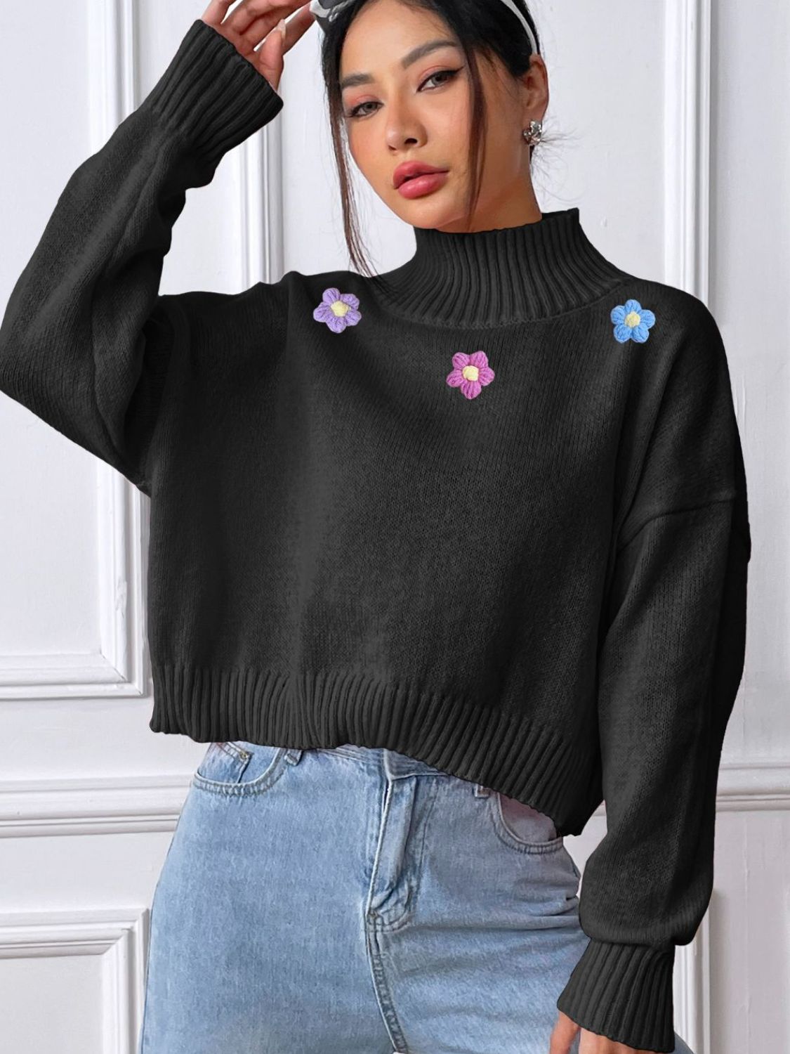 Blue Zone Planet | Flower Turtleneck Long Sleeve Sweater-TOPS / DRESSES-[Adult]-[Female]-2022 Online Blue Zone Planet