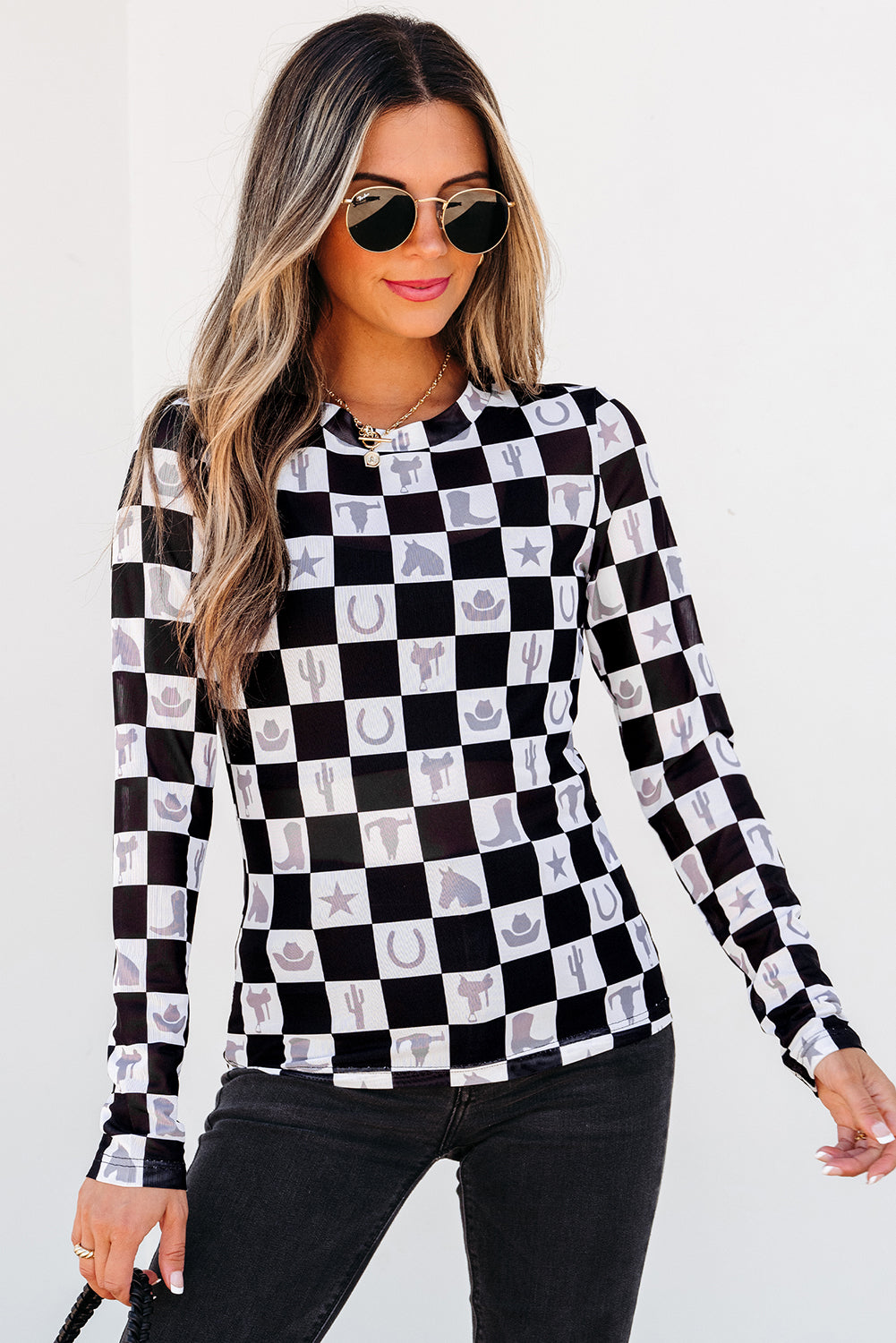 Black Checkerboard Western Elements Printed Mesh Long Sleeve Top-Tops/Long Sleeve Tops-[Adult]-[Female]-2022 Online Blue Zone Planet