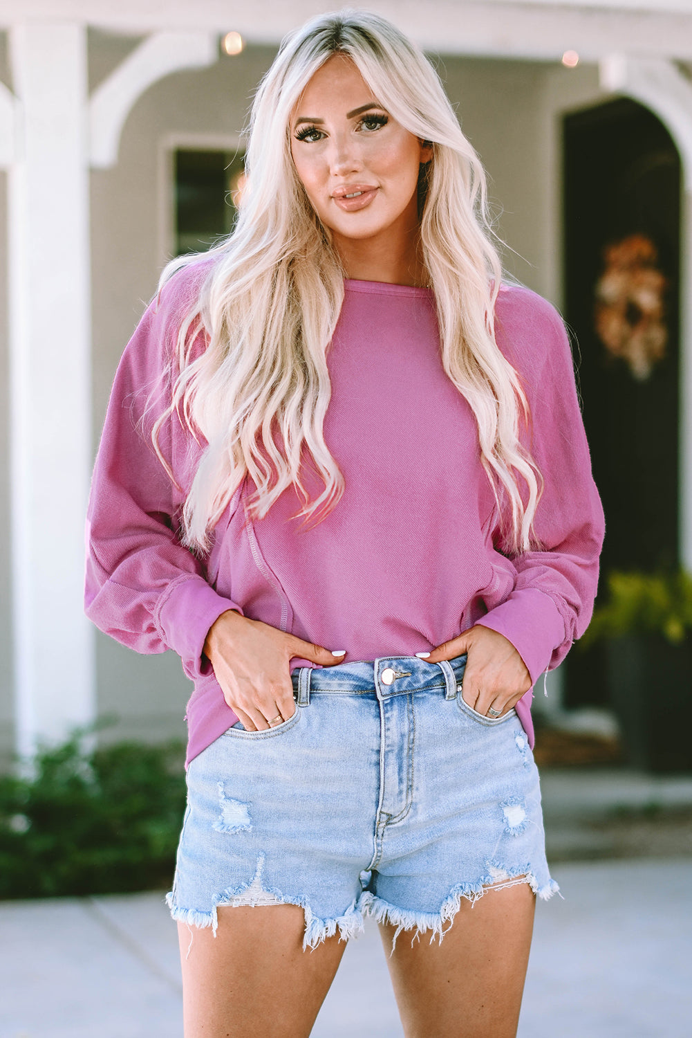 Pink Exposed Seam Round Neck Terry Pullover-Sale (50% OFF)/30% OFF-[Adult]-[Female]-2022 Online Blue Zone Planet