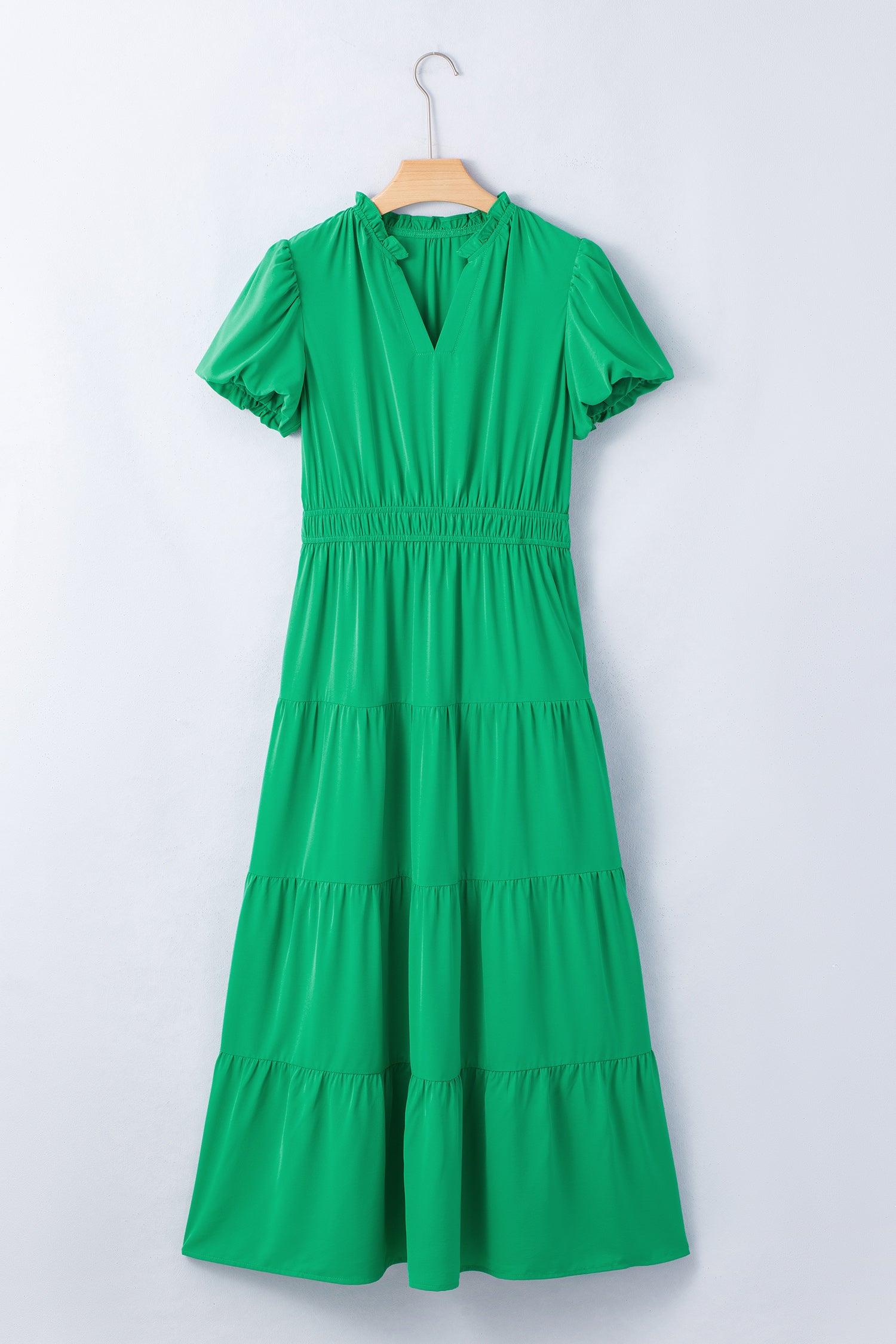 Bright Green Solid Color V Neck Short Puff Sleeve High Waist Tiered Maxi Dress-TOPS / DRESSES-[Adult]-[Female]-2022 Online Blue Zone Planet