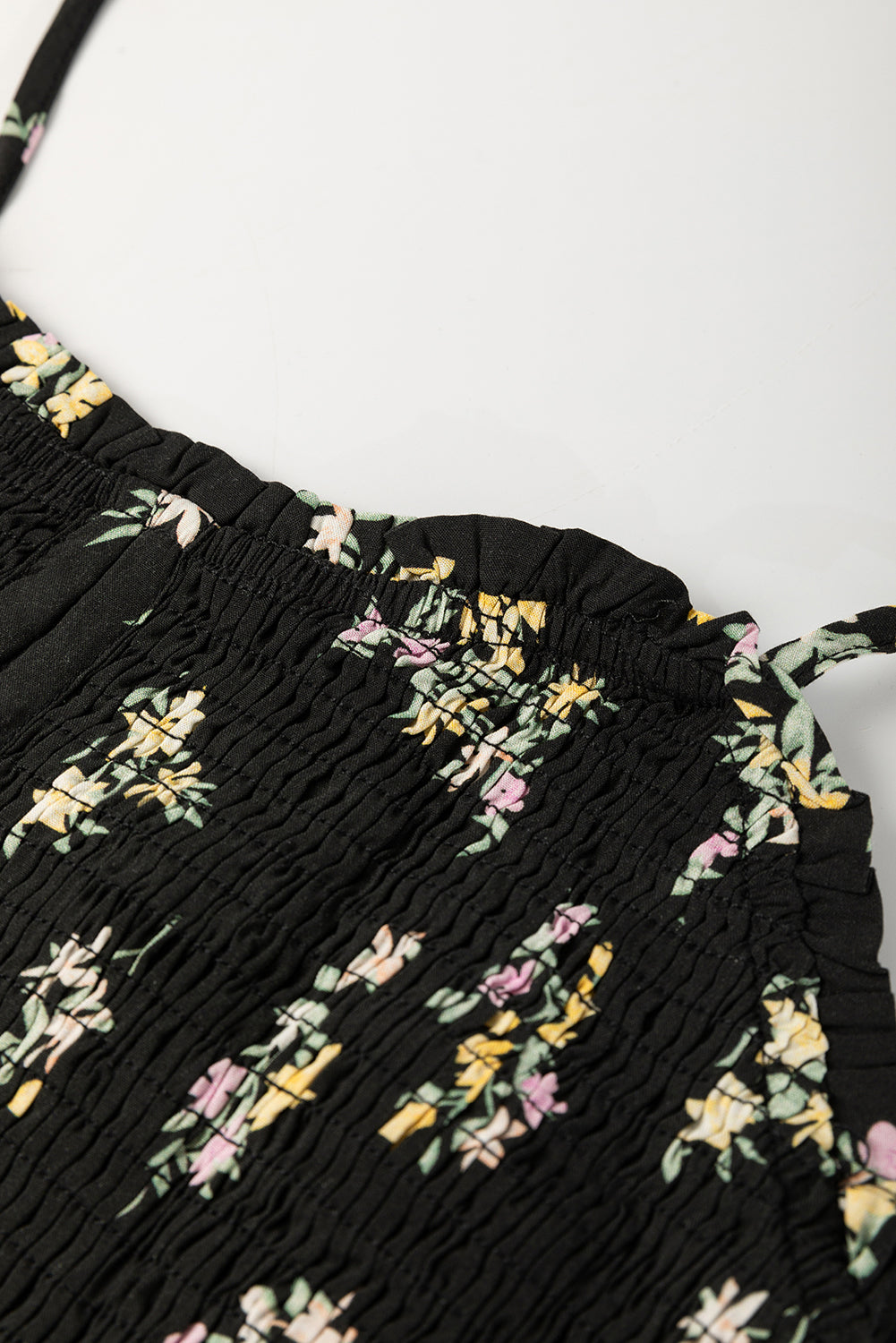 Black Floral Spaghetti Strap Shirred Bodice Tied Empire Waist Maxi Dress-TOPS / DRESSES-[Adult]-[Female]-2022 Online Blue Zone Planet