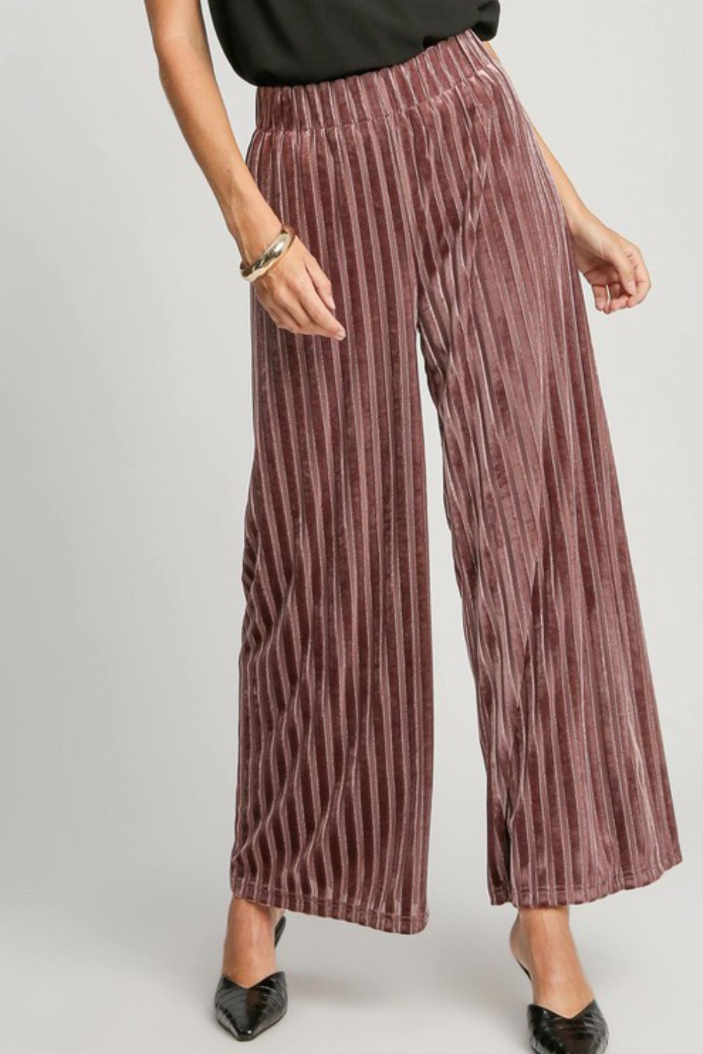 Blue Zone Planet | Umgee Full Size Elastic Waist Striped Wide Leg Velvet Pants-BOTTOMS SIZES SMALL MEDIUM LARGE-[Adult]-[Female]-Burgundy-S-2022 Online Blue Zone Planet