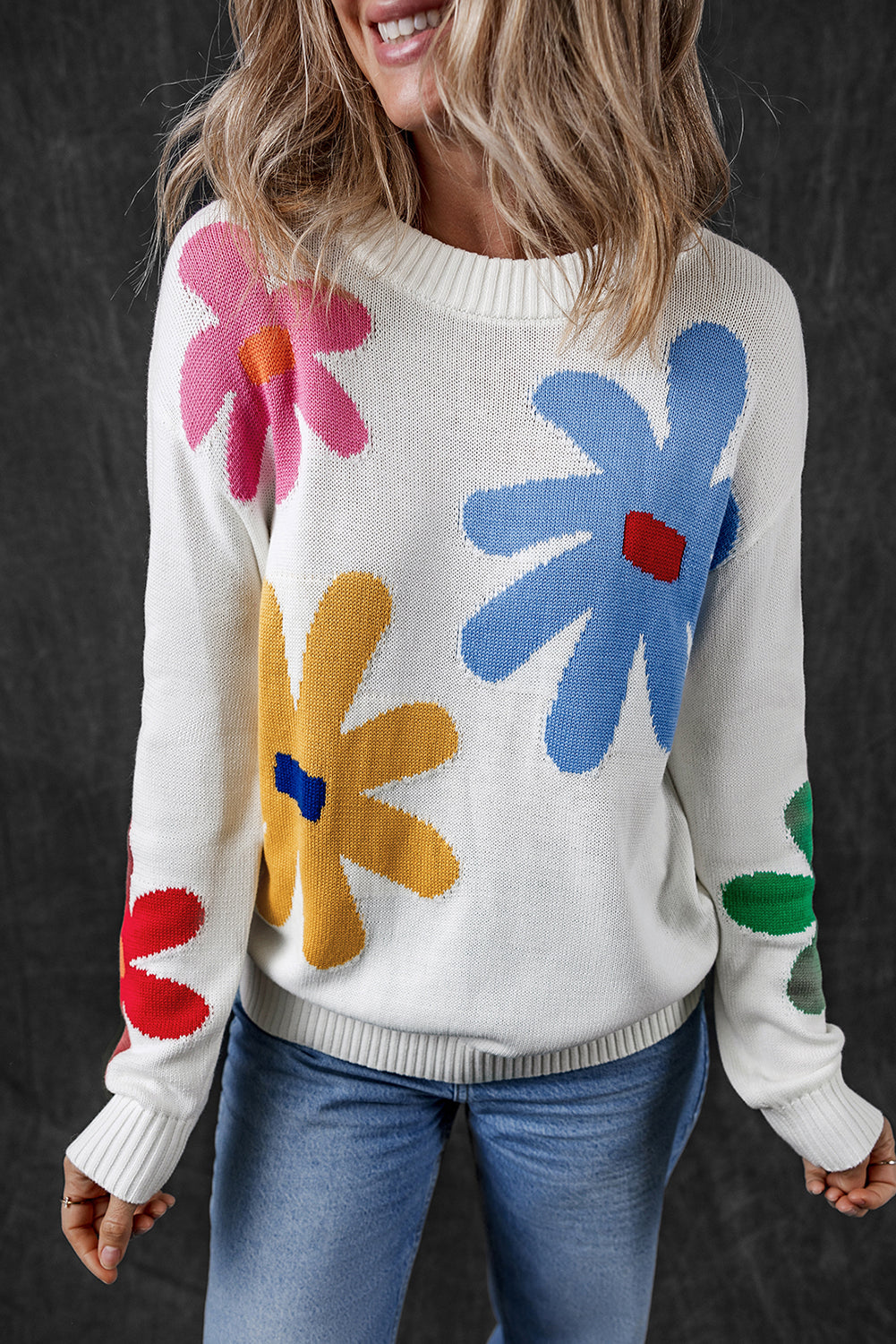 Blue Zone Planet | White Colorful Big Flower Pattern Crewneck Sweater-Sweaters & Cardigans/Sweaters-[Adult]-[Female]-White-S-2022 Online Blue Zone Planet