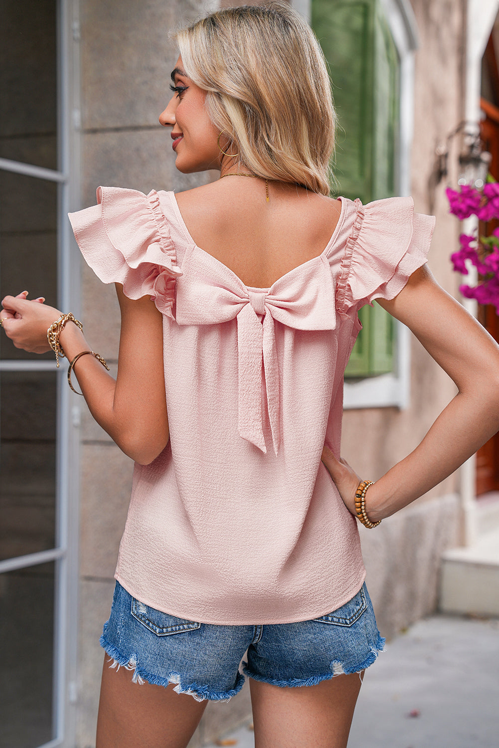 Gossamer Pink Textured Bow Frilled Ruffle Sleeve Blouse-Blouses-[Adult]-[Female]-Gossamer Pink-2XL-2022 Online Blue Zone Planet