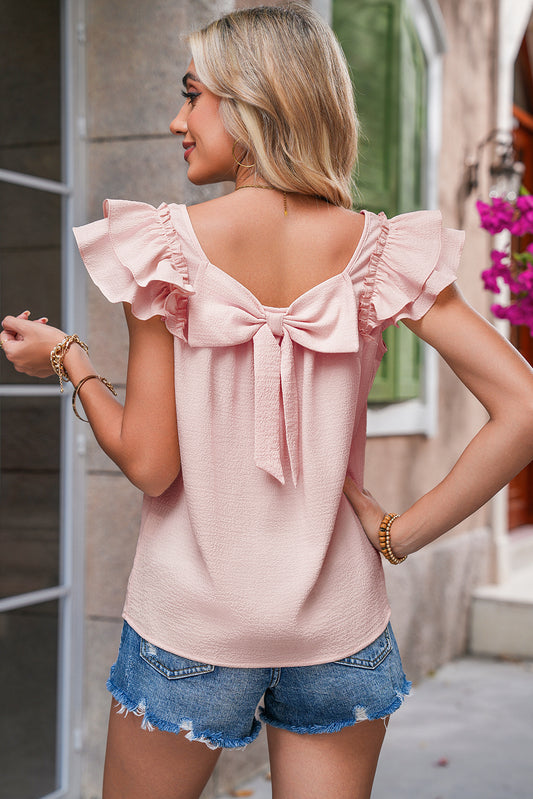 Gossamer Pink Textured Bow Frilled Ruffle Sleeve Blouse-Blouses-[Adult]-[Female]-Gossamer Pink-2XL-2022 Online Blue Zone Planet