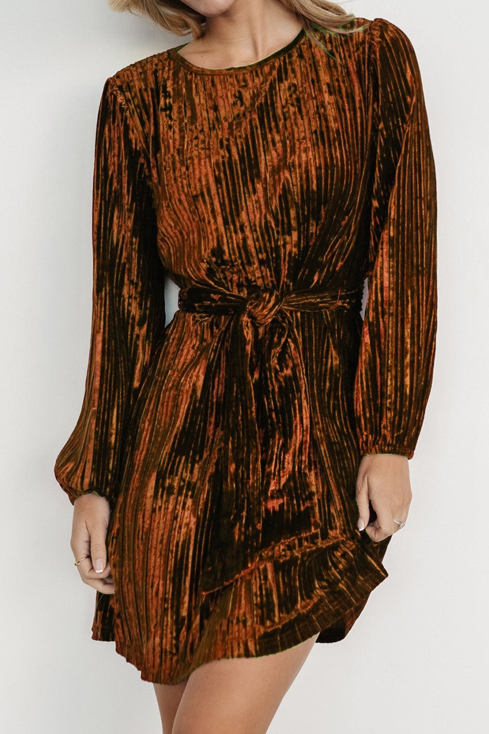 Velvet Round Neck Tie Waist Long Sleeve Mini Dress Terracotta / 2XL by Blue Zone Planet Velvet Round Neck Tie Waist Long Sleeve Mini Dress Terracotta / 2XL by Blue Zone Planet