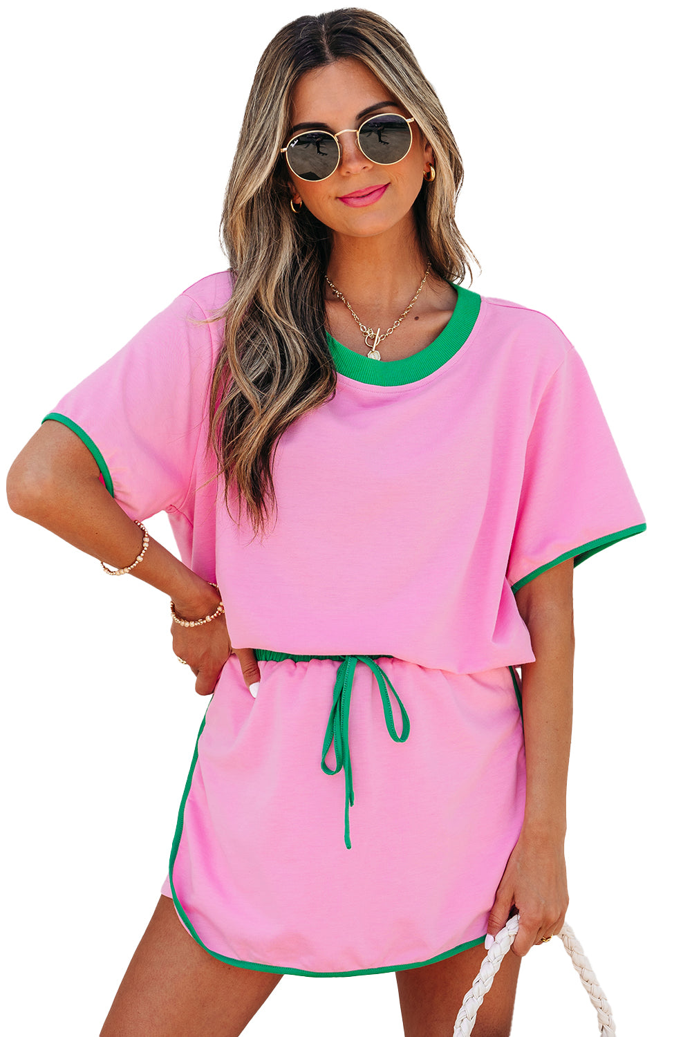 Bonbon Colorblock Edge Drop Shoulder T Shirt and Skort 2Pcs Set-Two Piece Sets/Short Sets-[Adult]-[Female]-2022 Online Blue Zone Planet