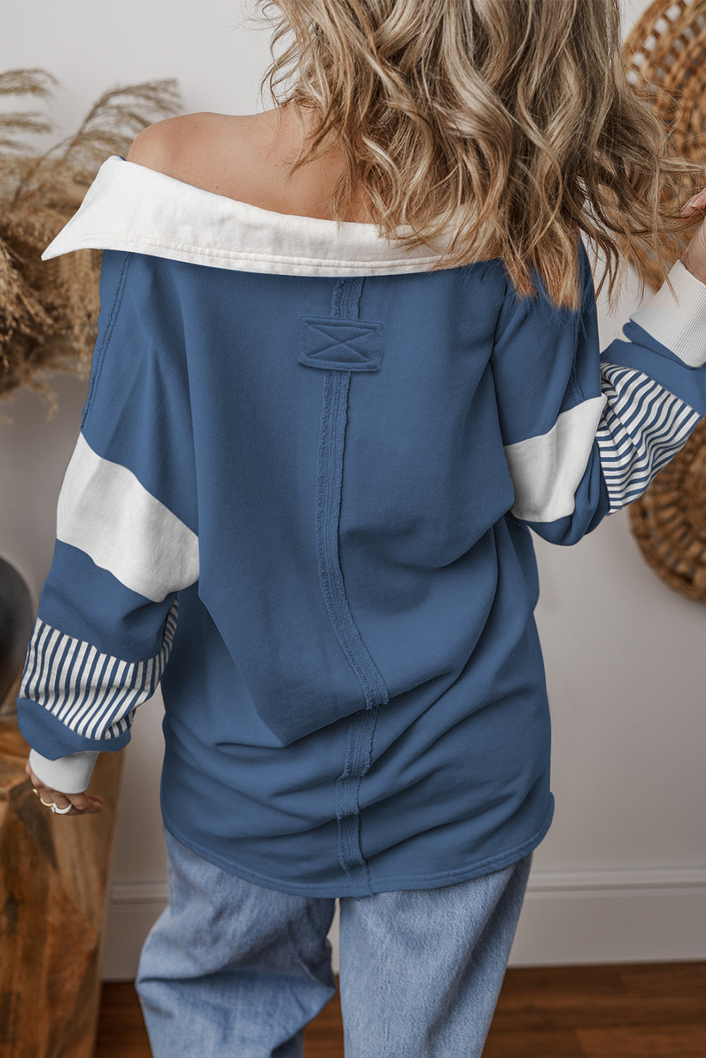 Sail Blue Striped Patchwork Collar Sweatshirt-Sweatshirts & Hoodies-[Adult]-[Female]-2022 Online Blue Zone Planet