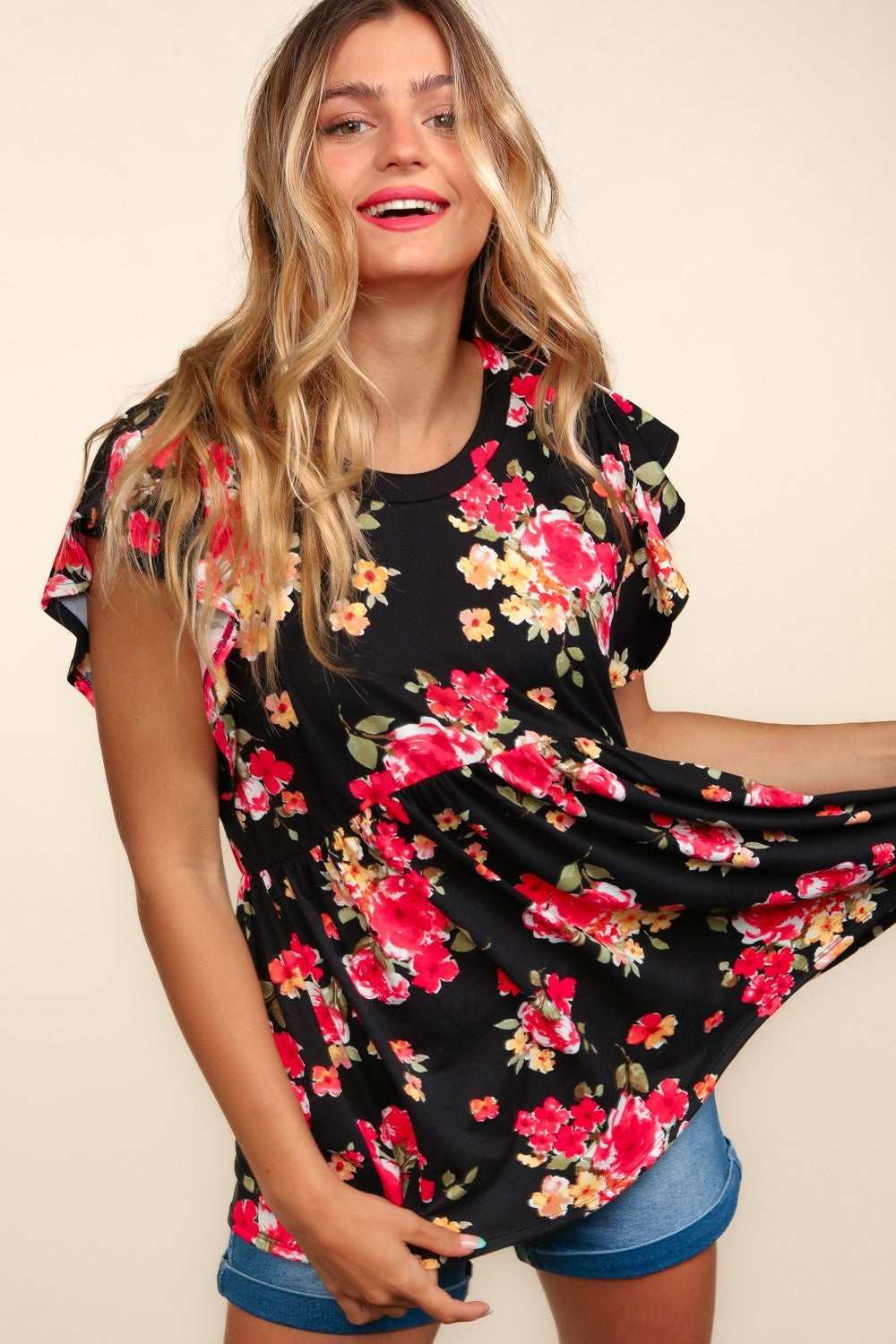 Blue Zone Planet | Haptics Floral Ruffle Short Sleeve Babydoll Top-TOPS / DRESSES-[Adult]-[Female]-2022 Online Blue Zone Planet