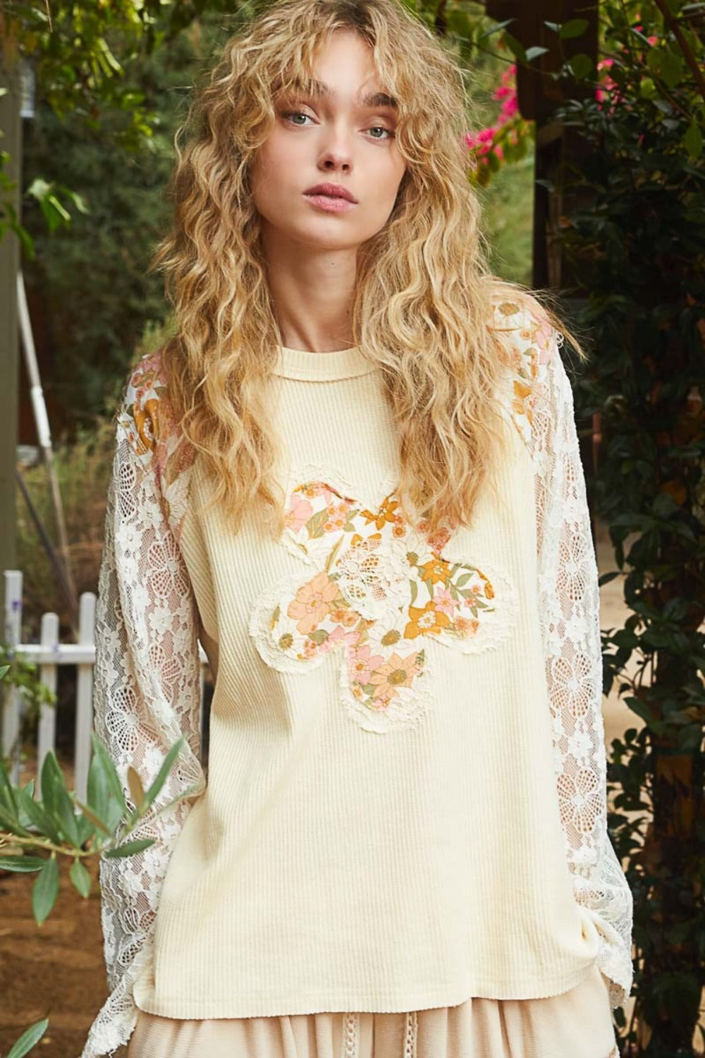 POL Flower Patch Lace Sleeve Knit Top-TOPS / DRESSES-[Adult]-[Female]-2022 Online Blue Zone Planet