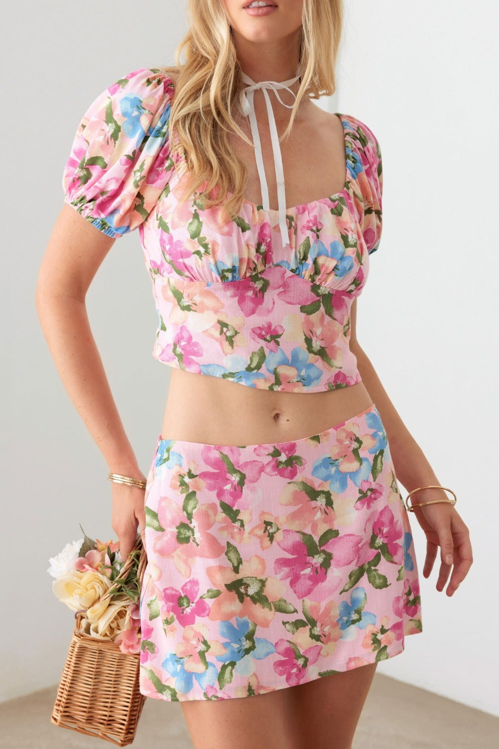 Le Lis Floral Puff Sleeve Crop Top and Mini Skirt Set-TOPS / DRESSES-[Adult]-[Female]-2022 Online Blue Zone Planet