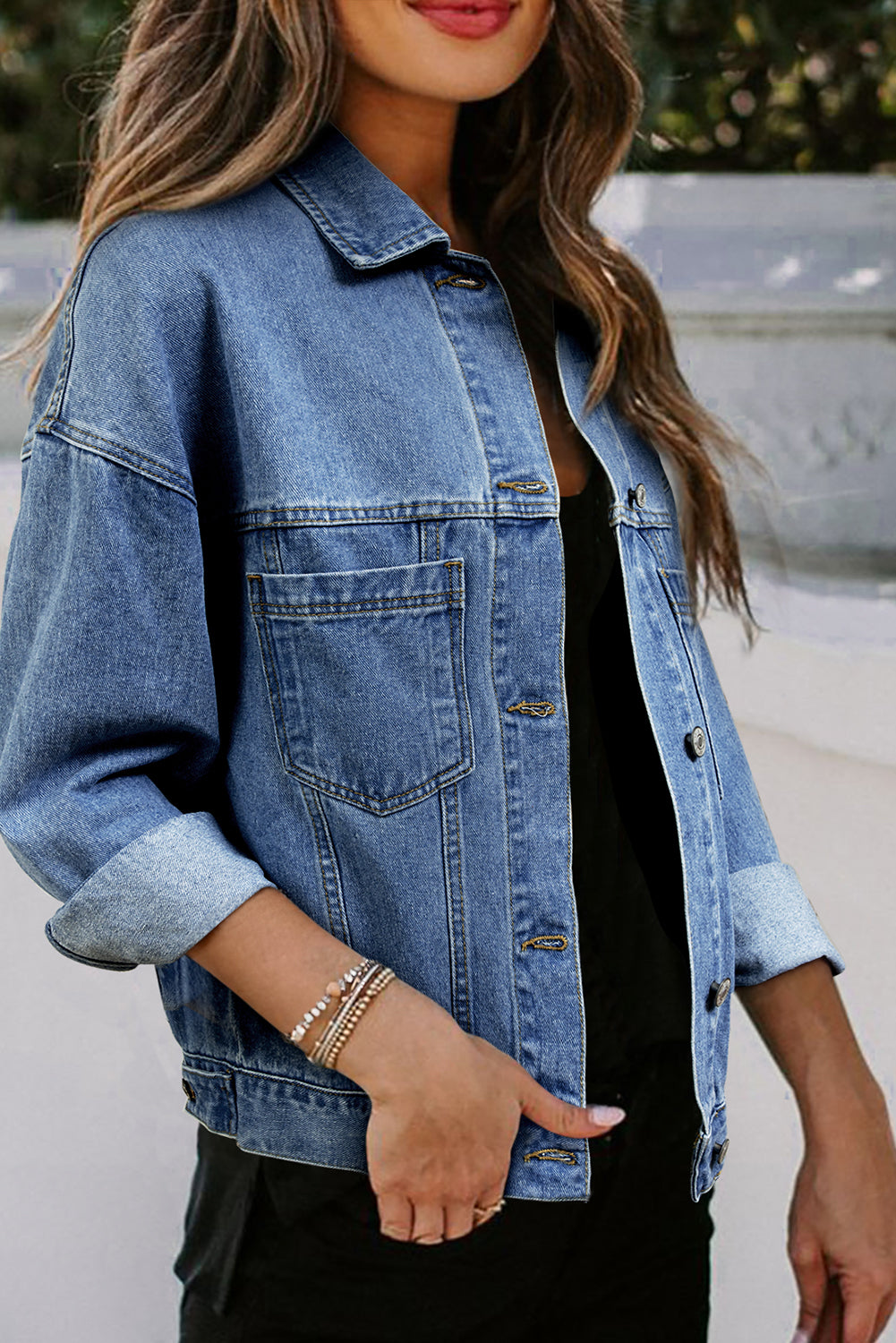 Blue Zone Planet | Sky Blue Stripe Washed Oversized Pocketed Denim Jacket-Jackets-[Adult]-[Female]-2022 Online Blue Zone Planet