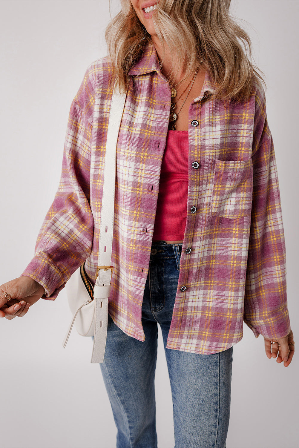 Pink Plaid Print Chest Pocket Long Sleeve Shacket-Outerwear/Plaid Shackets-[Adult]-[Female]-2022 Online Blue Zone Planet