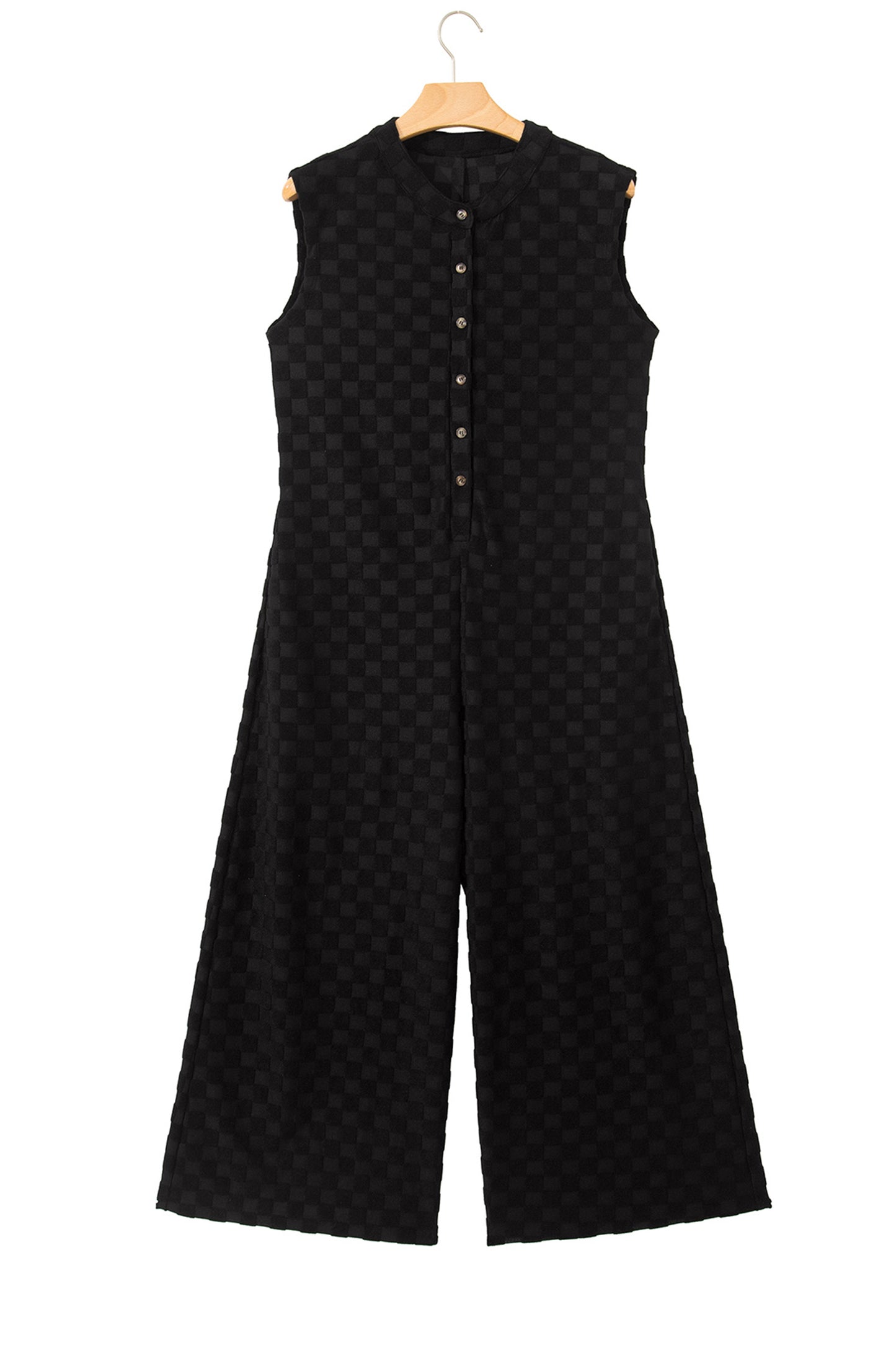 Black Half Buttons Sleeveless Wide Leg Textured Jumpsuit-Bottoms/Jumpsuits & Rompers-[Adult]-[Female]-2022 Online Blue Zone Planet
