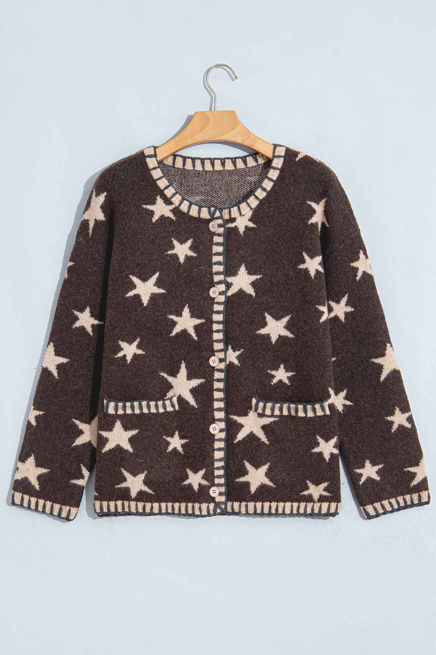 Brown Stars Pattern Colorblock Long Sleeve Shift Cardigan-Sweaters & Cardigans/Cardigans-[Adult]-[Female]-2022 Online Blue Zone Planet
