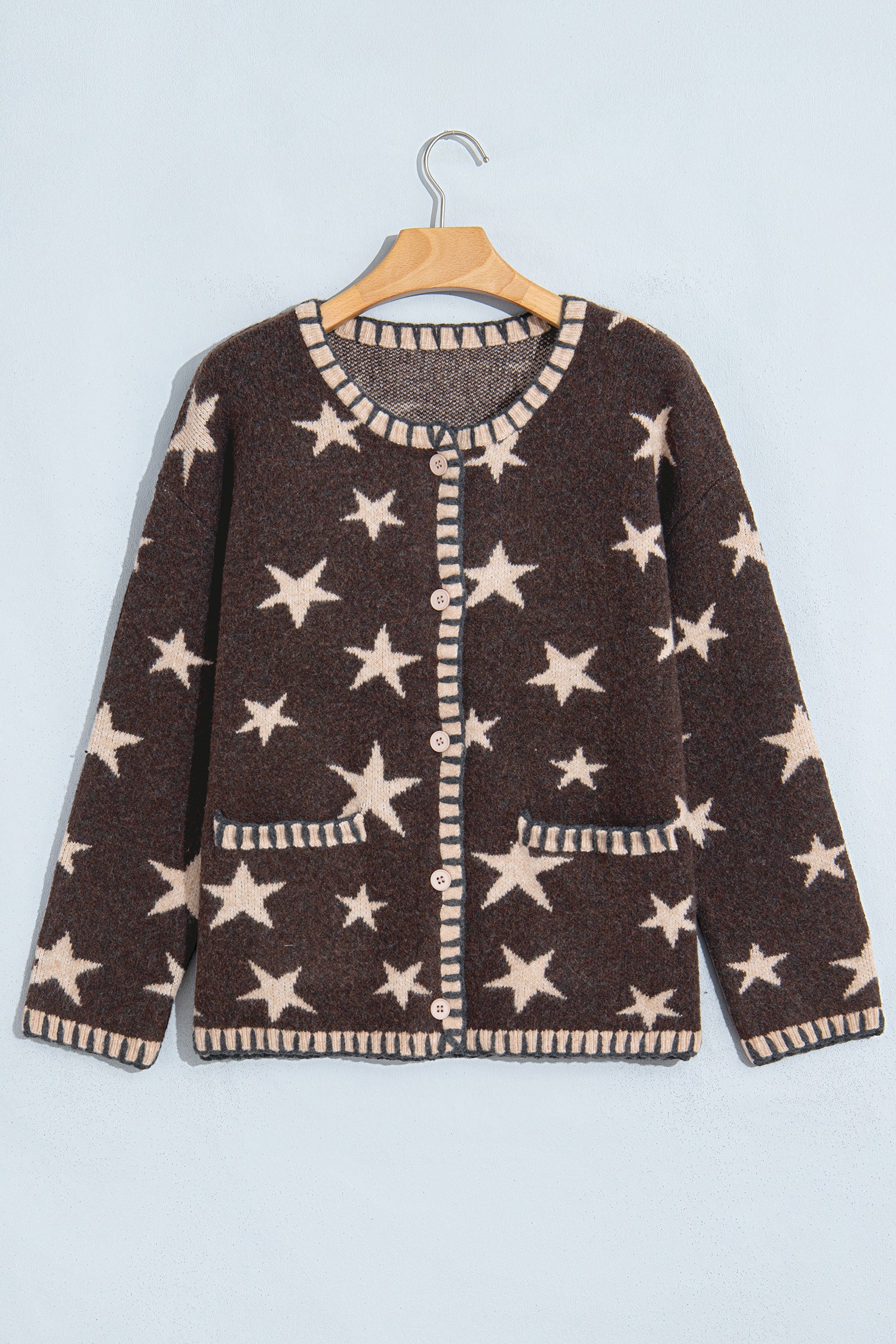Brown Stars Pattern Colorblock Long Sleeve Shift Cardigan-Sweaters & Cardigans/Cardigans-[Adult]-[Female]-2022 Online Blue Zone Planet