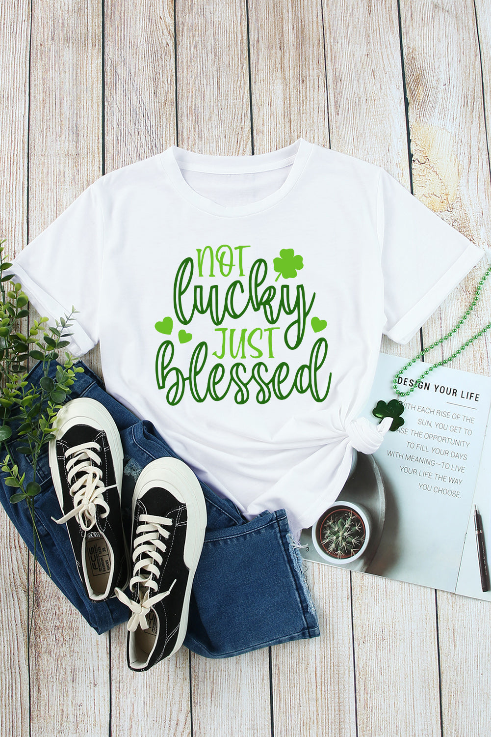 White St Patricks Not Luck Just Blessed Graphic T-shirt-Graphic/Graphic Tees-[Adult]-[Female]-2022 Online Blue Zone Planet