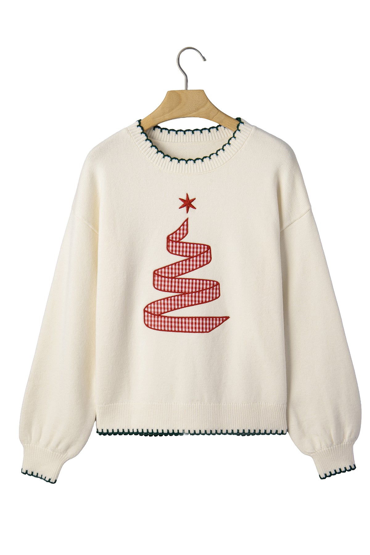 Beige Stitched Detail Christmas Tree Holiday Casual Sweater-Sweaters & Cardigans-[Adult]-[Female]-2022 Online Blue Zone Planet