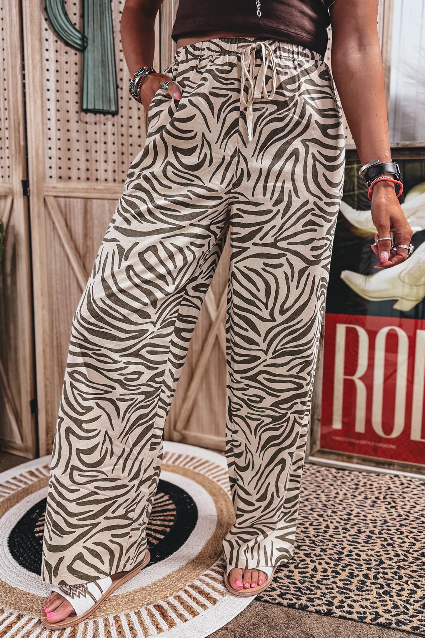 Multicolour Western Print Zebra Pattern Elastic Waist Pocket Full-Length Pants-Bottoms/Pants & Culotte-[Adult]-[Female]-2022 Online Blue Zone Planet