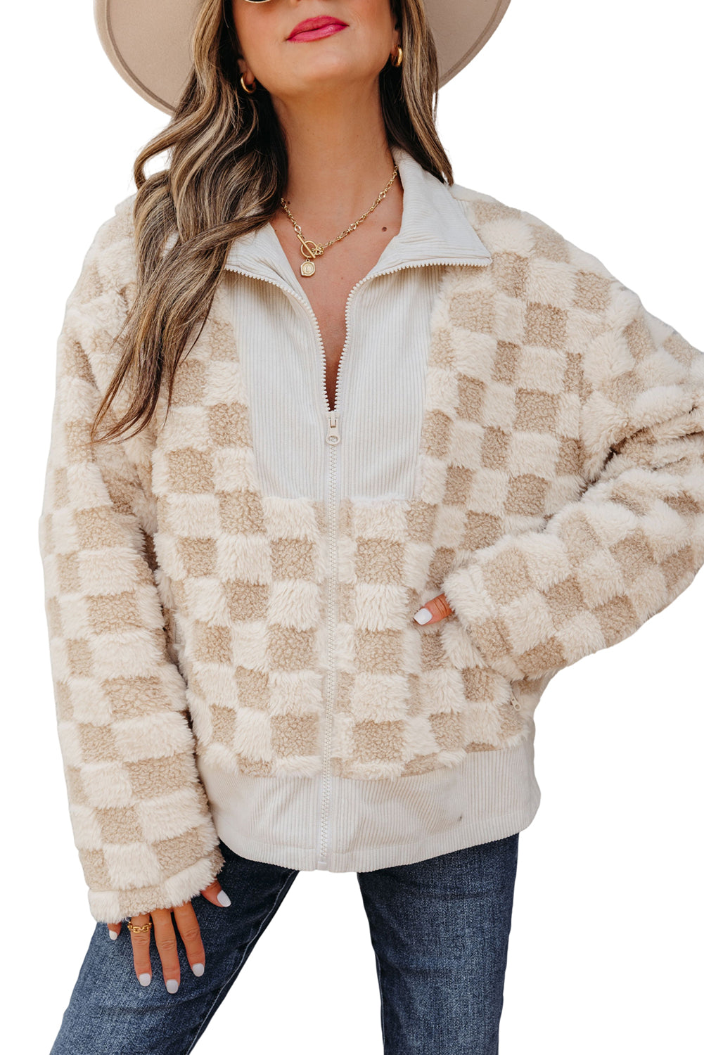 Khaki Checker Sherpa Corduroy Patchwork Zip up Collared Jacket-Outerwear/Jackets-[Adult]-[Female]-2022 Online Blue Zone Planet