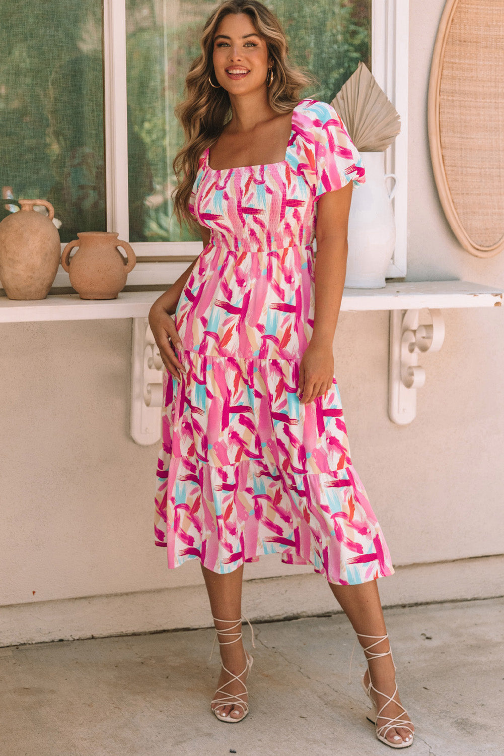 Pink Brush Stroke Printed Smocked Ruffle Tiered Dress Blue Zone Planet