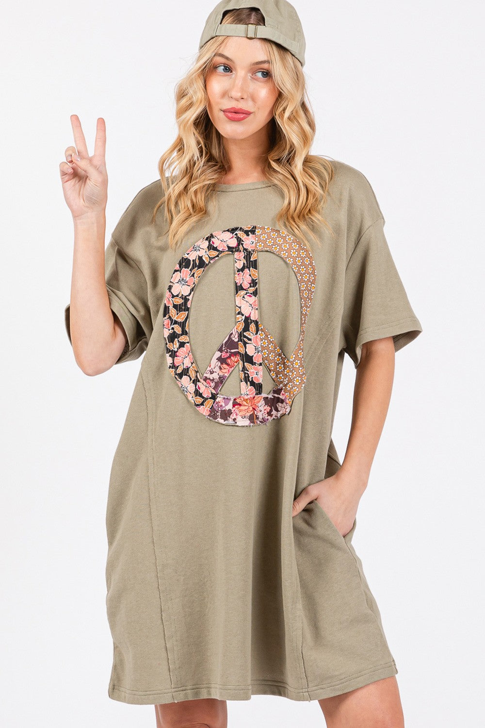 SAGE + FIG Full Size Peace Sign Applique Short Sleeve Tee Dress-TOPS / DRESSES-[Adult]-[Female]-2022 Online Blue Zone Planet