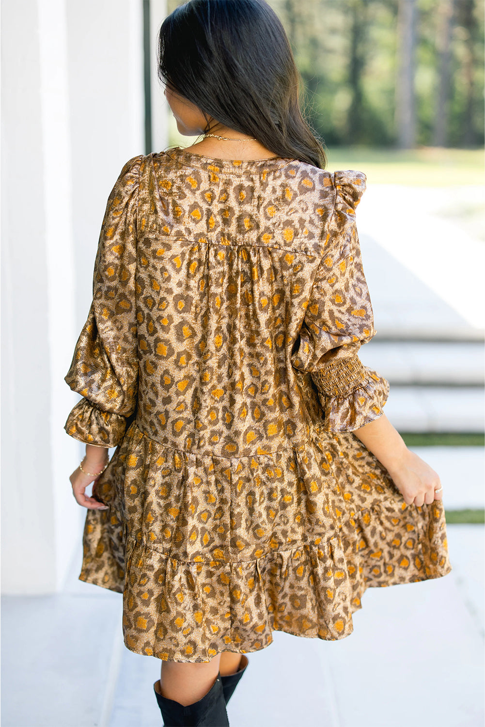 Khaki Leopard Print V Neck Ruffled Sleeve Tiered Loose Mini Dress-TOPS / DRESSES-[Adult]-[Female]-2022 Online Blue Zone Planet