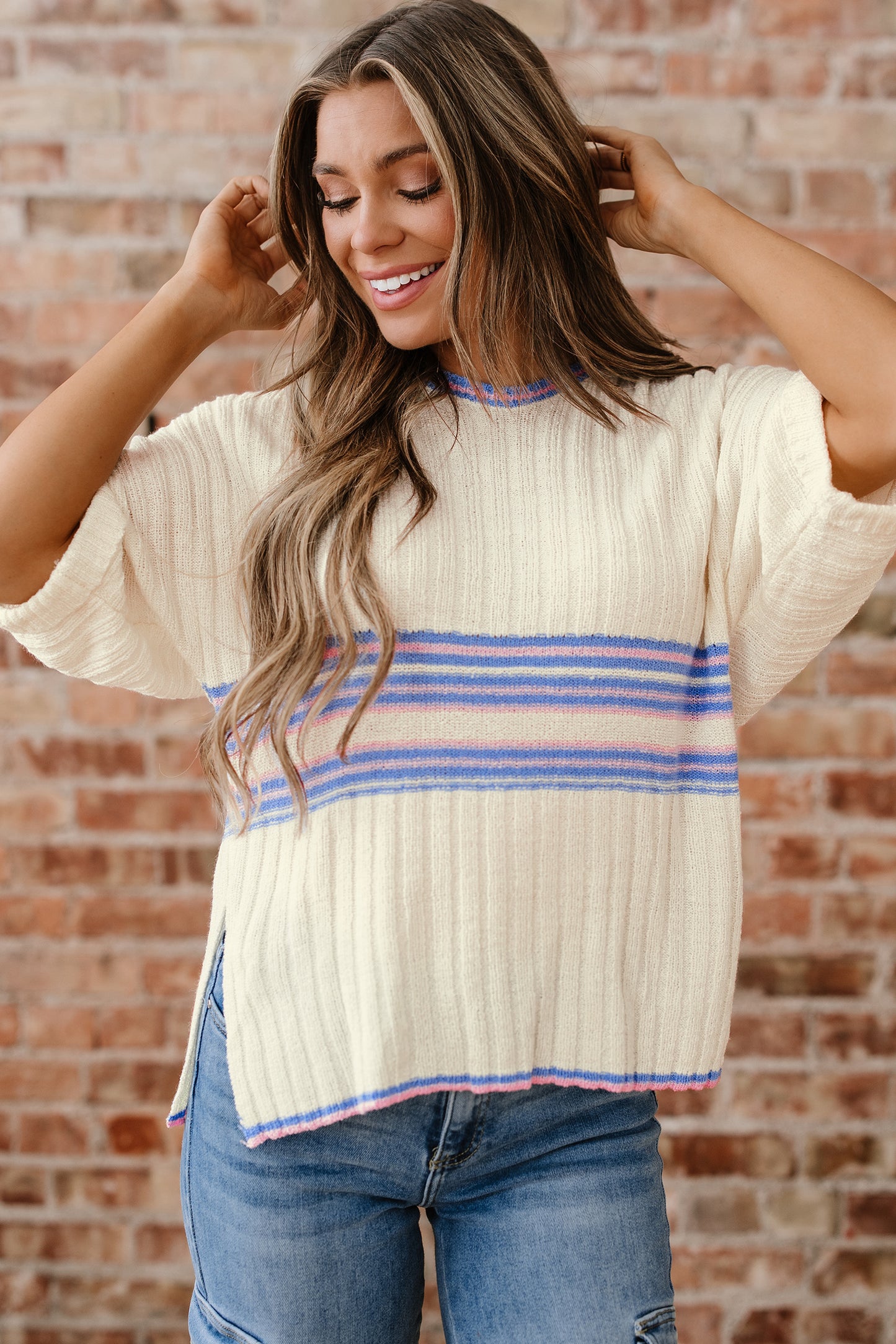White Striped V Neck Dolman Sleeve Rib Knit Oversized Sweater with Slits-TOPS / DRESSES-[Adult]-[Female]-2022 Online Blue Zone Planet
