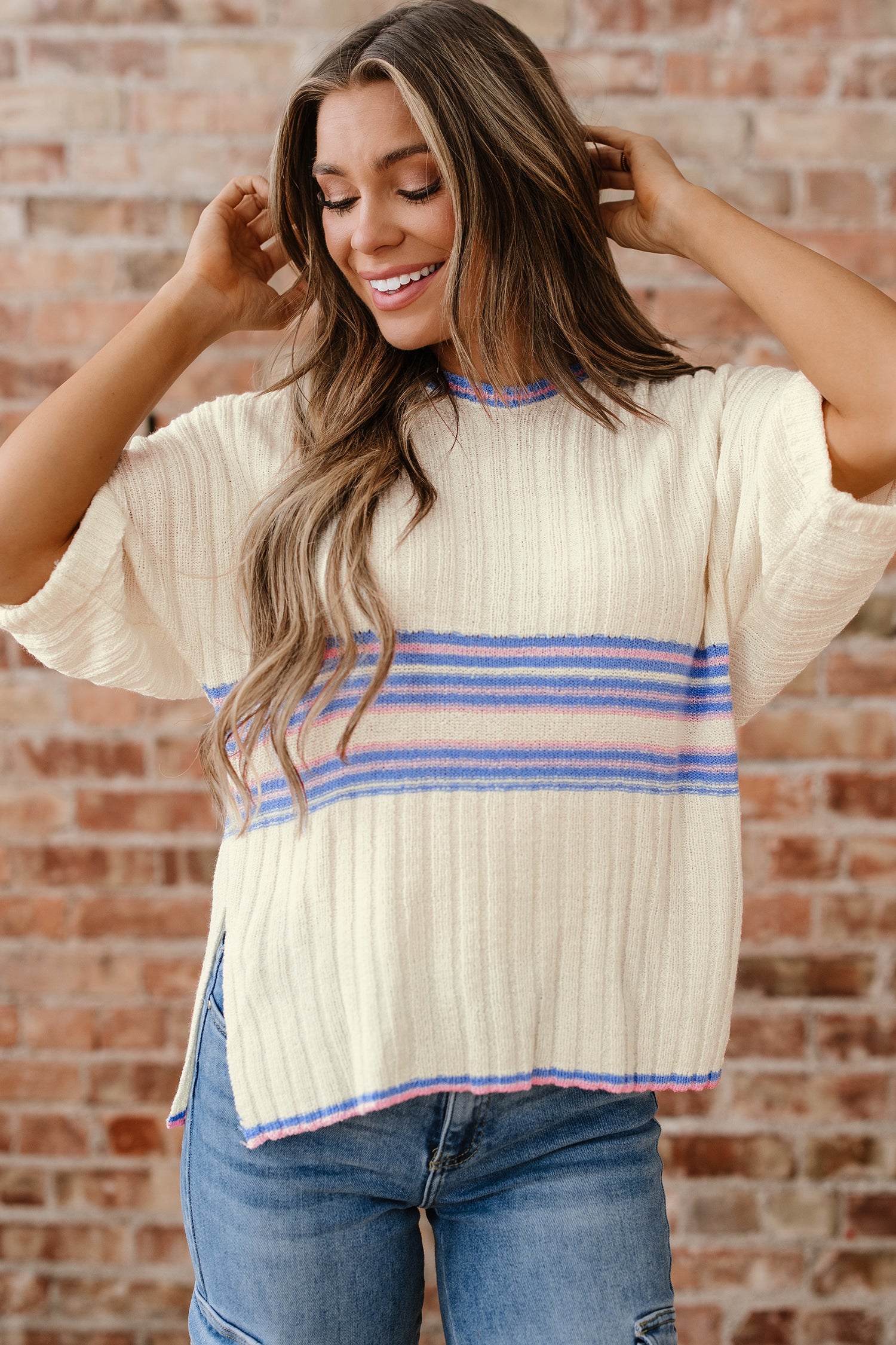 White Striped V Neck Dolman Sleeve Rib Knit Oversized Sweater with Slits-TOPS / DRESSES-[Adult]-[Female]-2022 Online Blue Zone Planet