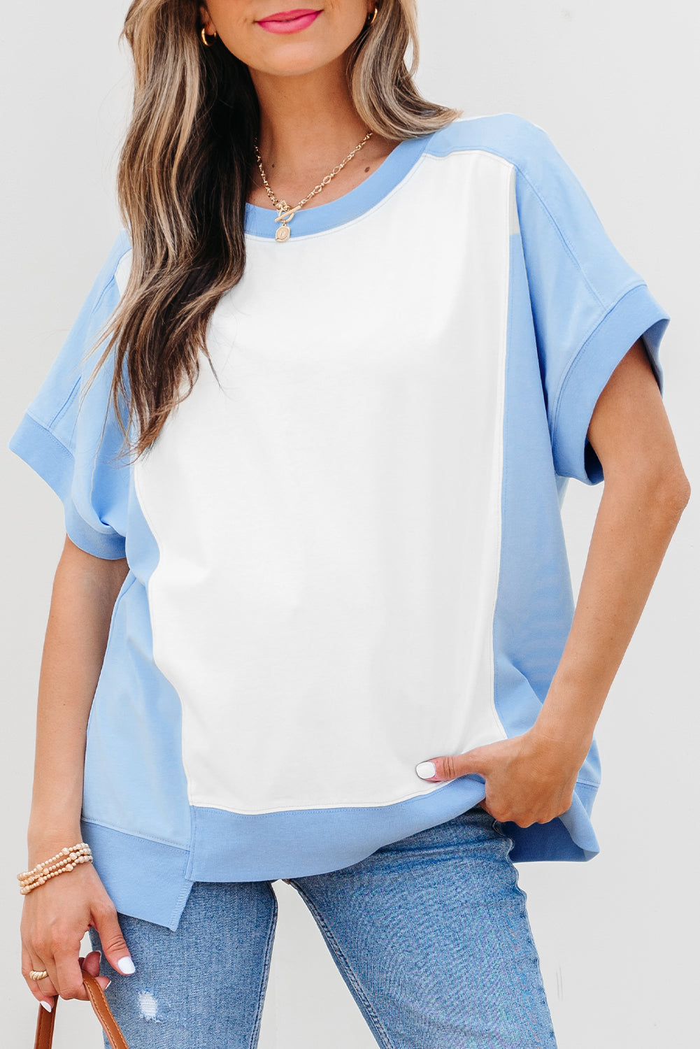 Sky Blue Color Block Exposed Seam Crew Neck T Shirt-Tops/Tops & Tees-[Adult]-[Female]-2022 Online Blue Zone Planet