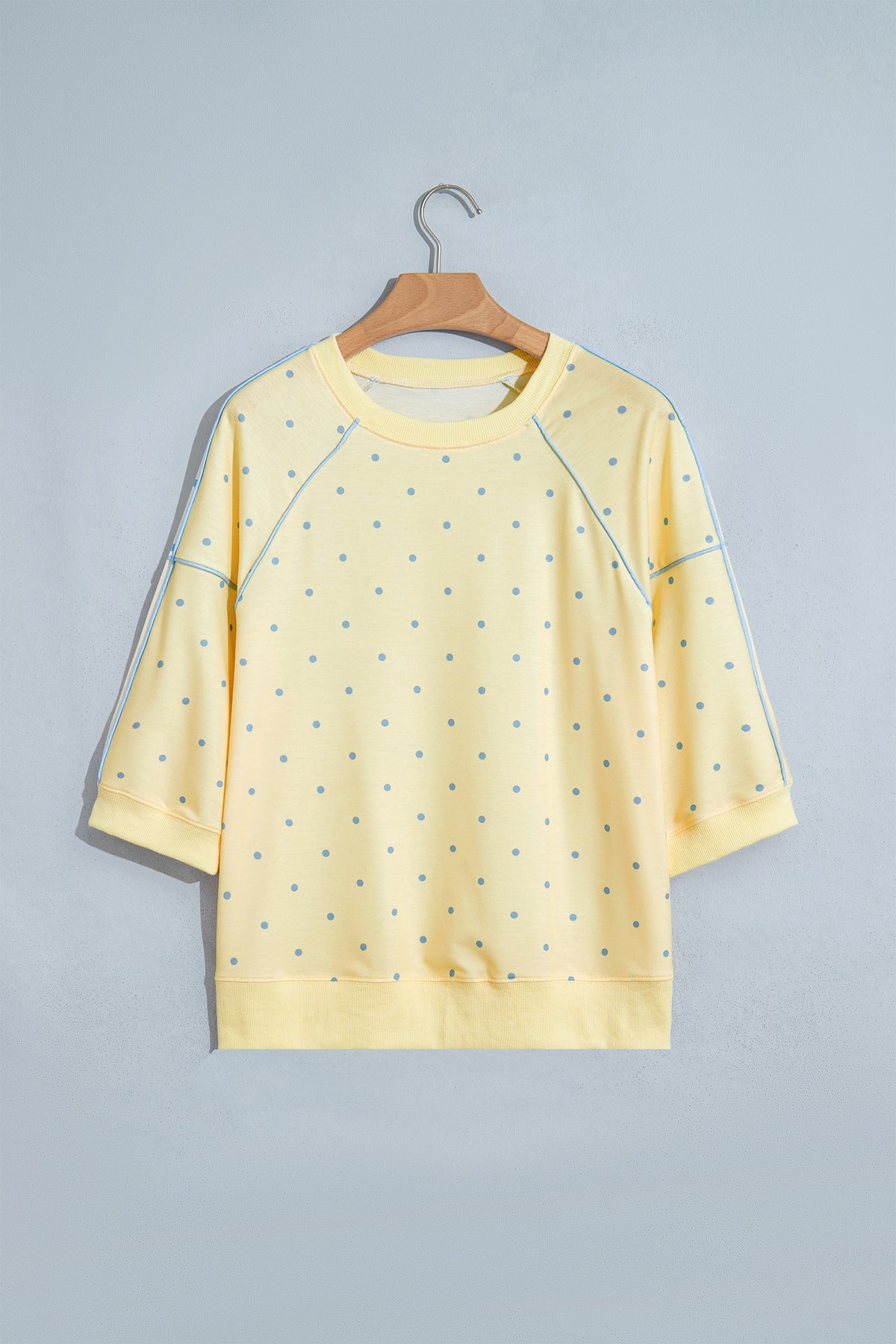 Yellow Polka Dot Print Piping Trim 3/4 Sleeve Relaxed Top-Tops/Long Sleeve Tops-[Adult]-[Female]-2022 Online Blue Zone Planet
