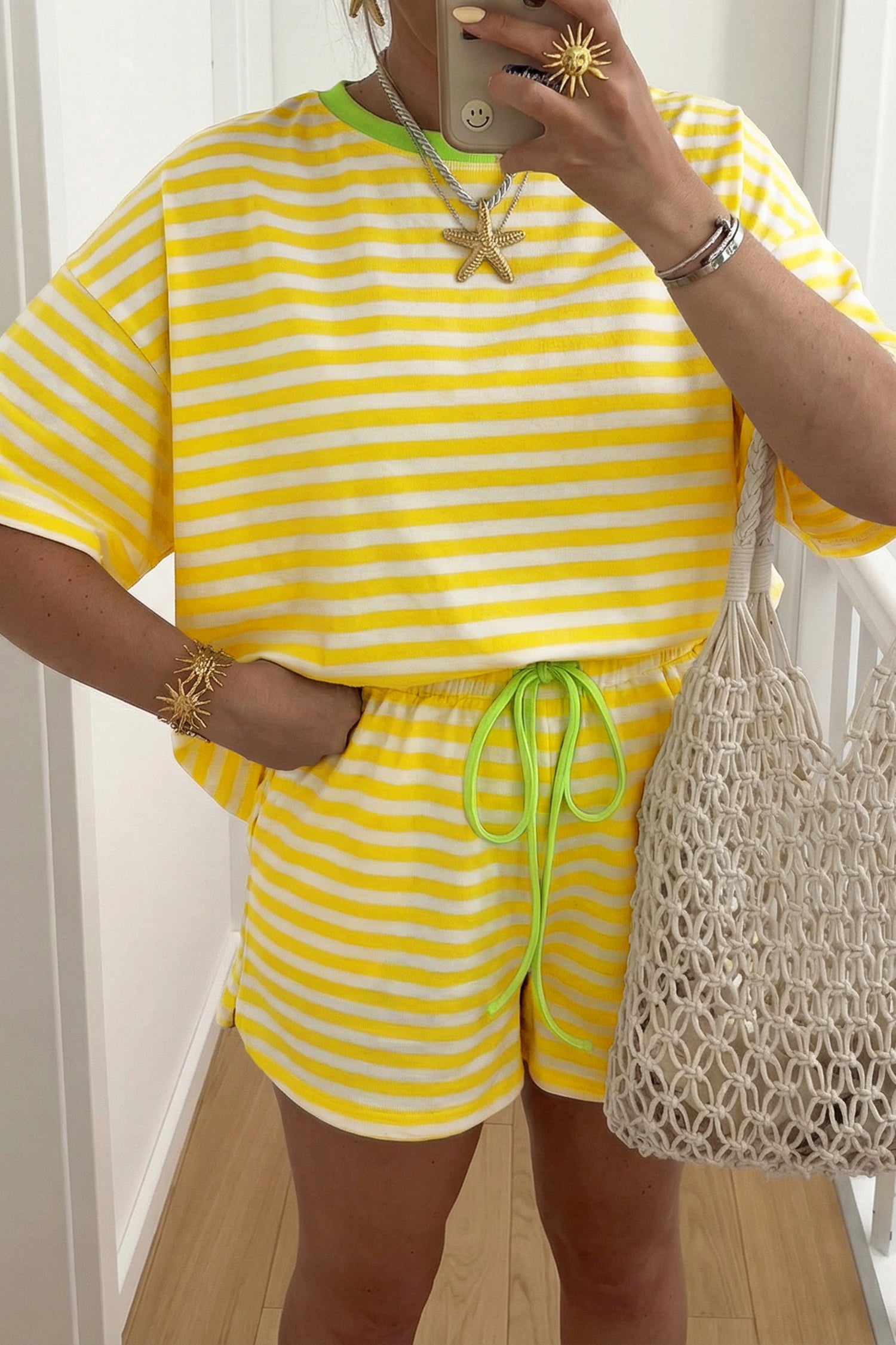 Yellow Stripe Contrast Neck Loose Tee and Drawstring Shorts Set-Two Piece Sets/Short Sets-[Adult]-[Female]-Yellow Stripe-S-2022 Online Blue Zone Planet