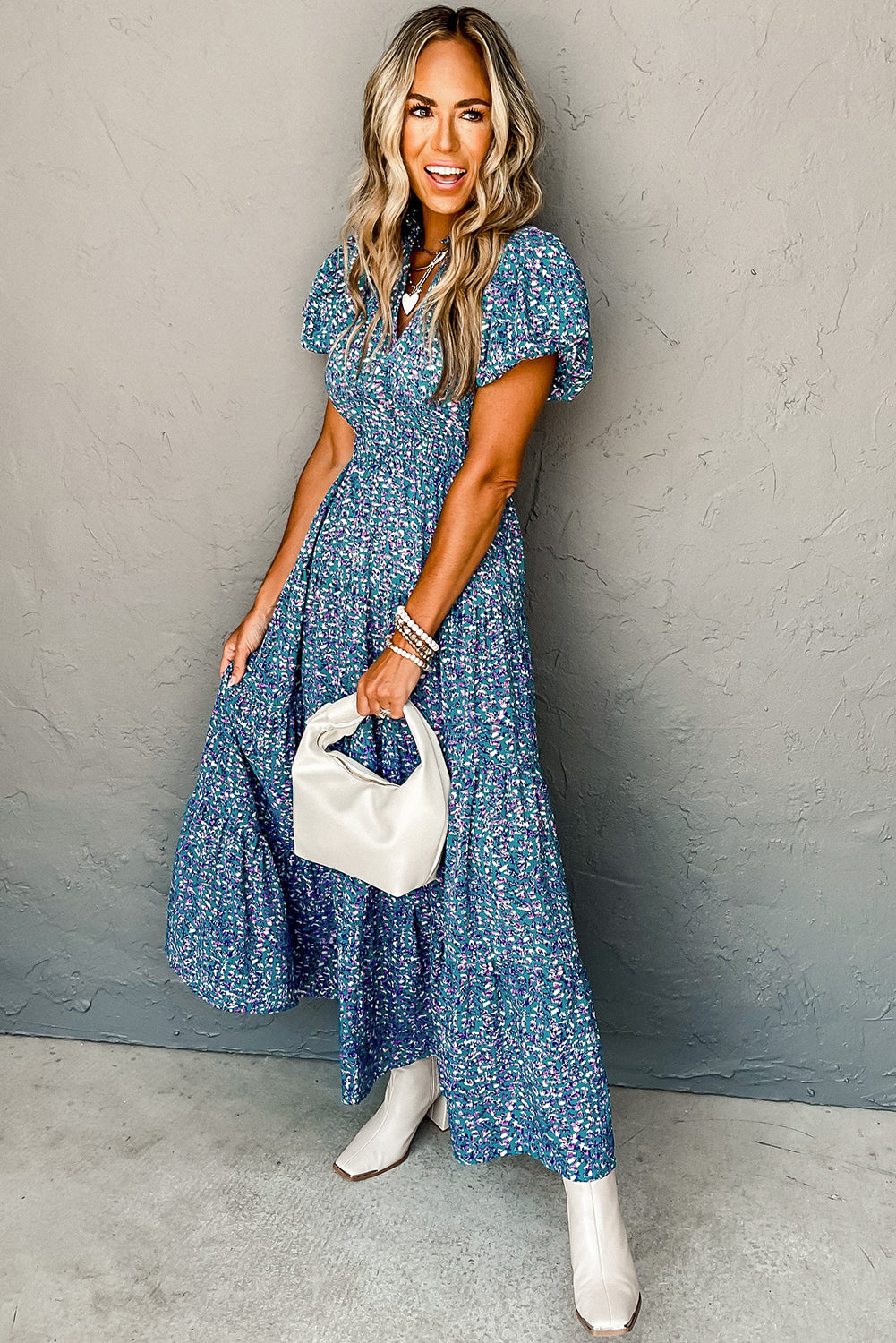 Blue Zone Planet | Blue Printed V Neck Shirred Short Puff Sleeve Maxi Dress-TOPS / DRESSES-[Adult]-[Female]-2022 Online Blue Zone Planet