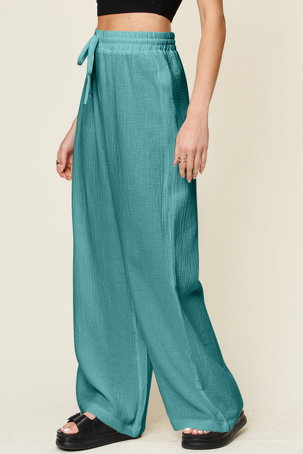 Double Take Full Size Texture Drawstring Wide Leg Pants-BOTTOMS SIZES SMALL MEDIUM LARGE-[Adult]-[Female]-2022 Online Blue Zone Planet