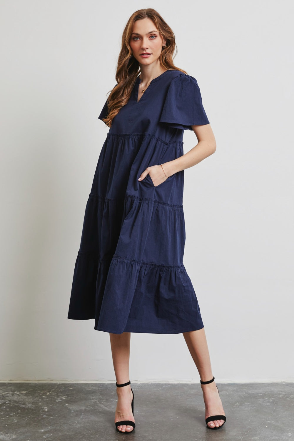 HEYSON Full Size Cotton Poplin Ruffled Tiered Midi Dress-TOPS / DRESSES-[Adult]-[Female]-Navy-S-2022 Online Blue Zone Planet