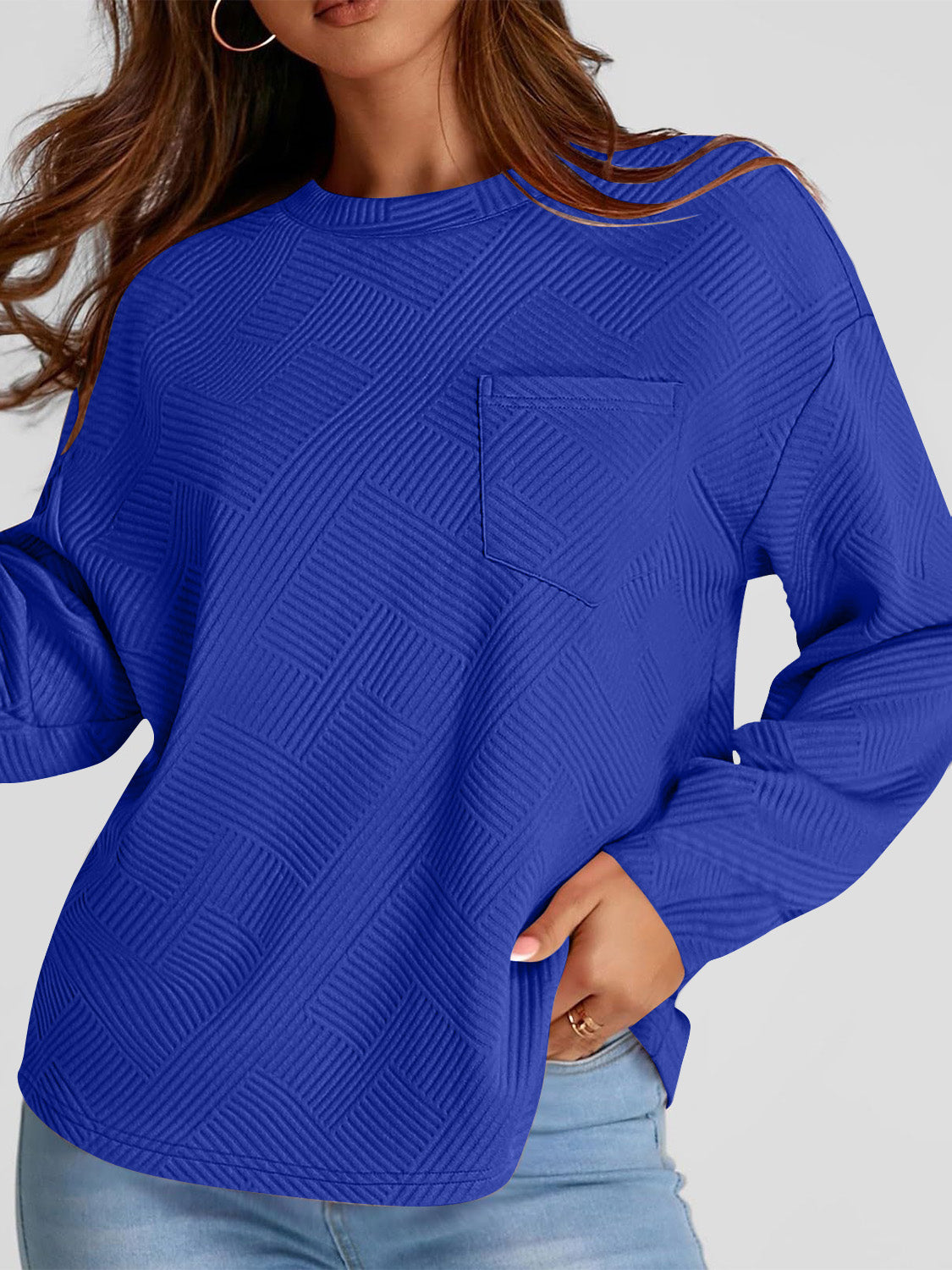 Full Size Texture Round Neck Long Sleeve Sweatshirt-TOPS / DRESSES-[Adult]-[Female]-Royal Blue-S-2022 Online Blue Zone Planet