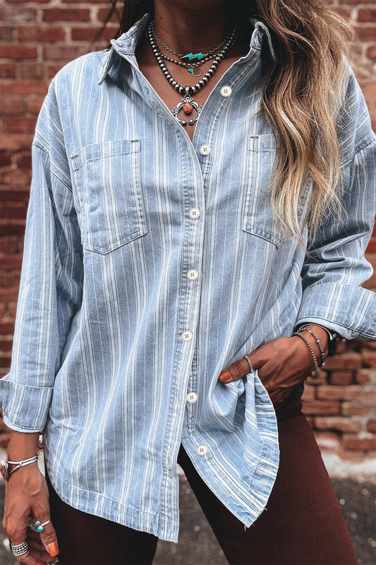 Sky Blue Stripe Boyfriend Chest Pocket Classic Denim Shacket-Outerwear/Denim jackets-[Adult]-[Female]-Sky Blue Stripe-S-2022 Online Blue Zone Planet