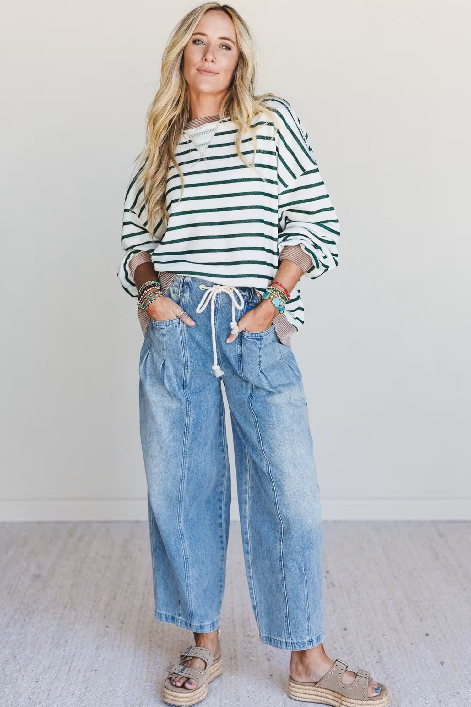 White Stripe Twisted Ribbed Patchwork Drop Shoulder Round Neck Sweatshirt-Tops/Sweatshirts & Hoodies-[Adult]-[Female]-2022 Online Blue Zone Planet