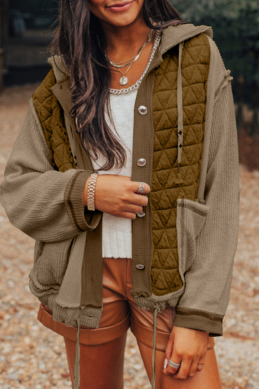 Coral Quilted Textured Patchwork Loose Fit Hooded Jacket-Outerwear/Jackets-[Adult]-[Female]-Jungle Green-S-2022 Online Blue Zone Planet