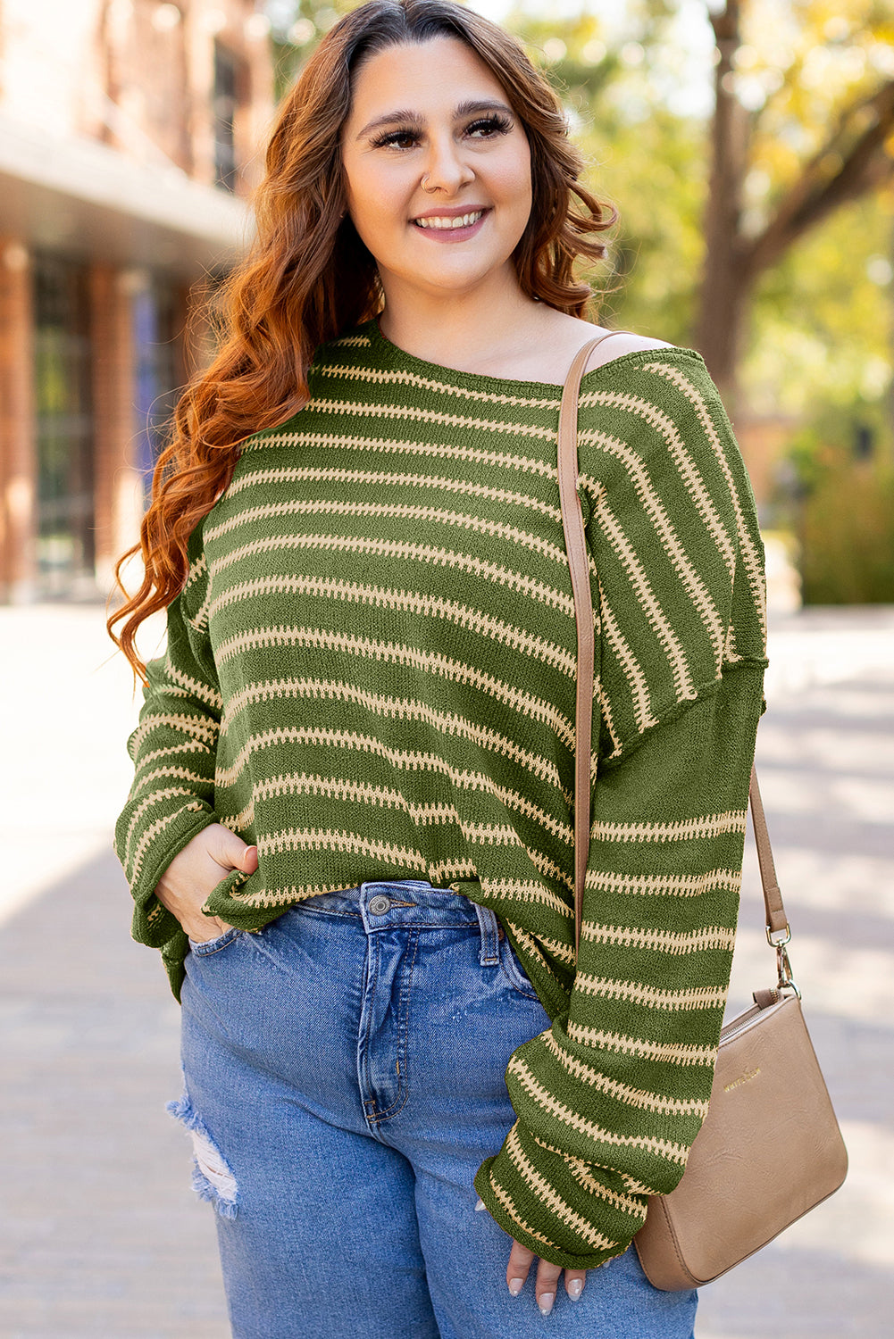 Blue Zone Planet | Green Stripe Drop Shoulder Sweater-TOPS / DRESSES-[Adult]-[Female]-2022 Online Blue Zone Planet