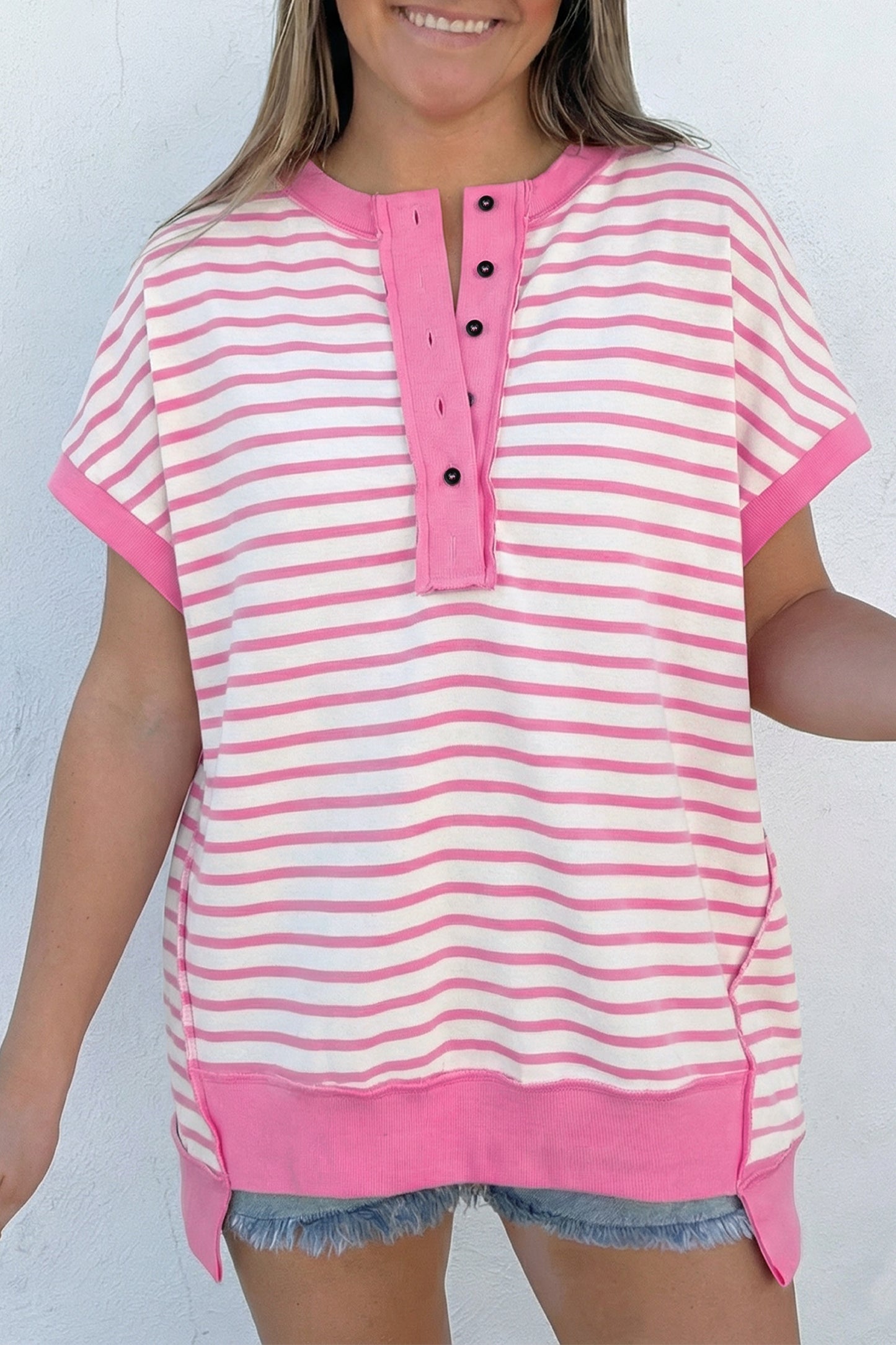 Pink Stripe Half Placket High Low Short Sleeve Top-Tops/Tops & Tees-[Adult]-[Female]-Pink Stripe-S-2022 Online Blue Zone Planet