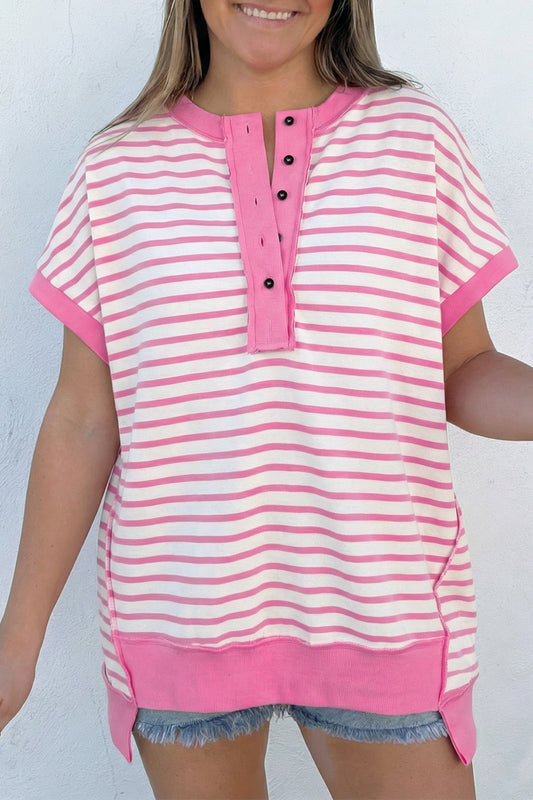 Pink Stripe Half Placket High Low Short Sleeve Top-Tops/Tops & Tees-[Adult]-[Female]-Pink Stripe-S-2022 Online Blue Zone Planet
