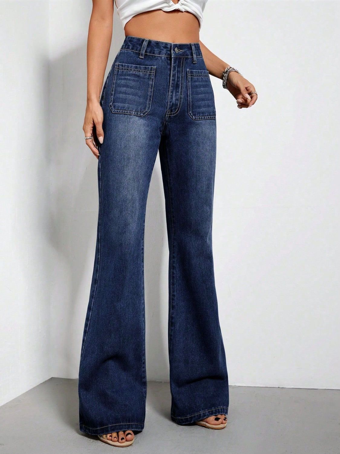 High Waist Bootcut Jeans with Pockets-BOTTOMS SIZES SMALL MEDIUM LARGE-[Adult]-[Female]-2022 Online Blue Zone Planet