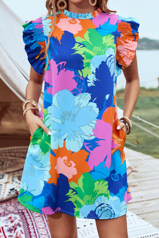 Blue Bold Floral Flutter Sleeve Shift Mini Dress with Pockets-Dresses/Floral Dresses-[Adult]-[Female]-Blue-XS-2022 Online Blue Zone Planet