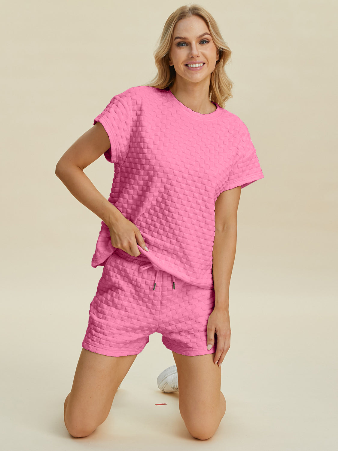 Double Take Full Size Texture T-Shirt and Shorts Set-TOPS / DRESSES-[Adult]-[Female]-Pink-S-2022 Online Blue Zone Planet