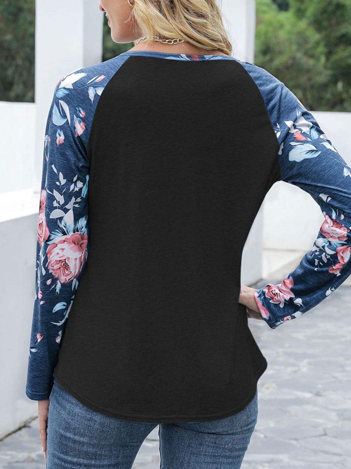 V-Neck Floral Long Sleeve T-Shirt-TOPS / DRESSES-[Adult]-[Female]-2022 Online Blue Zone Planet